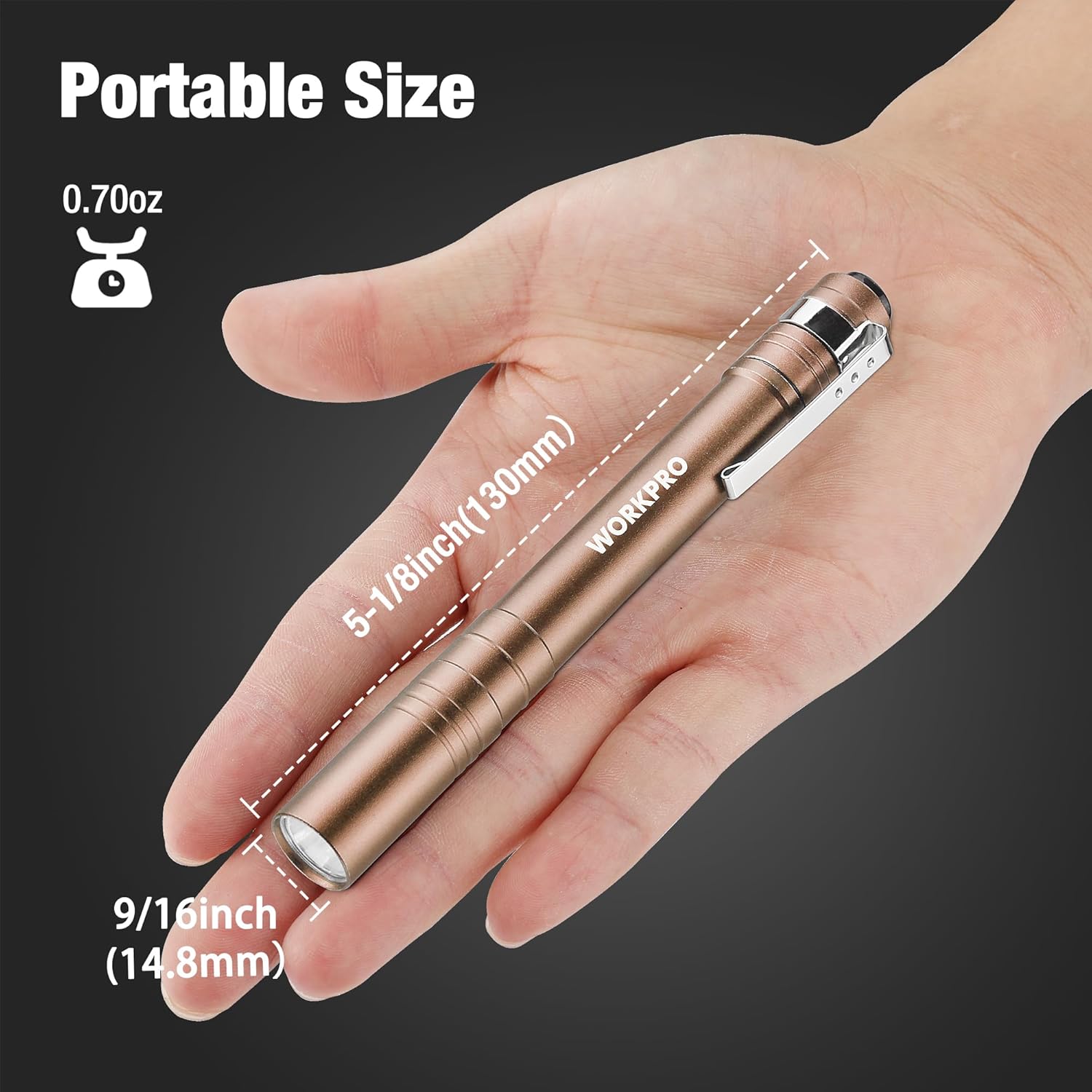 Compact brown LED pen flashlight with pocket clip in hand