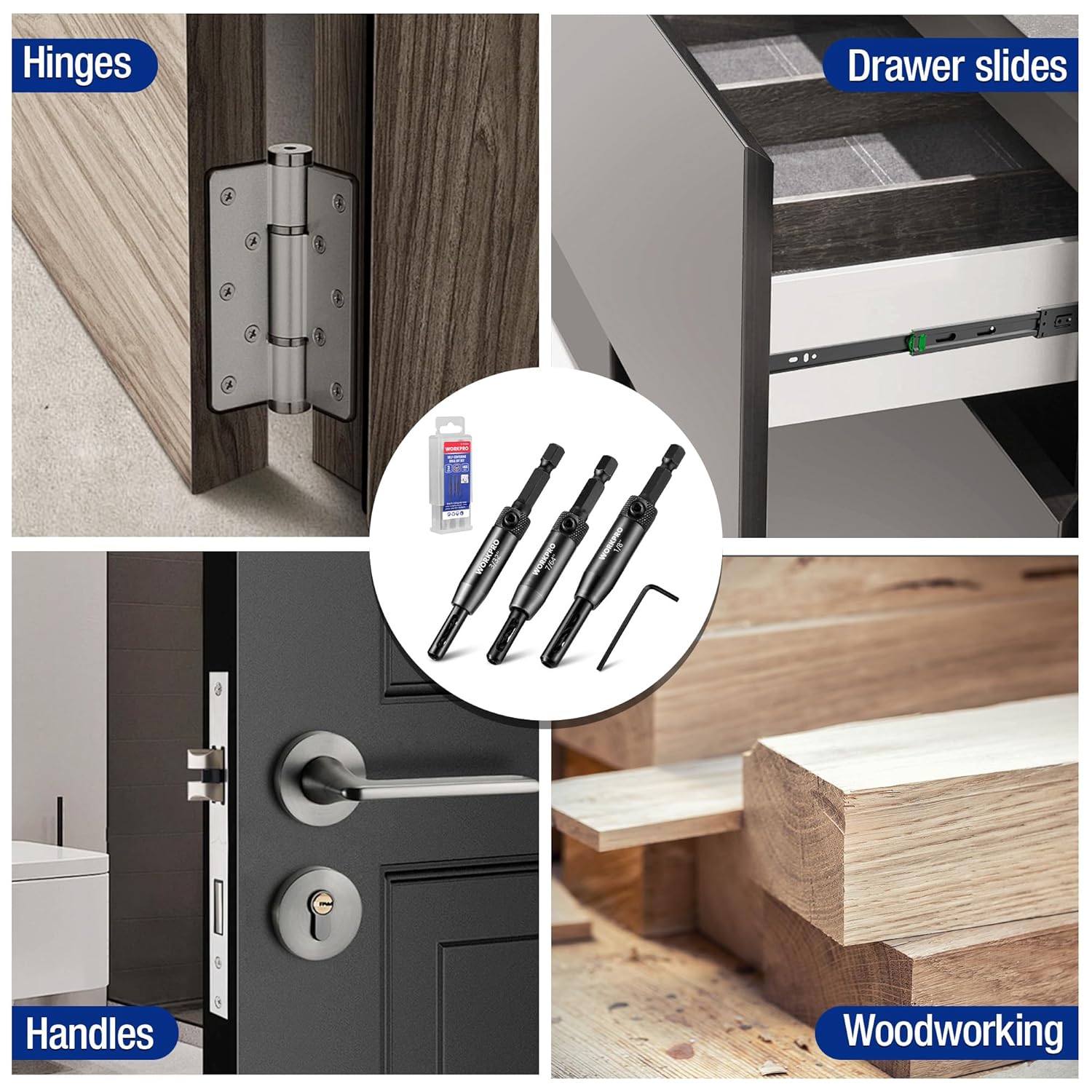 Three self-centering hinge drill bits for cabinets, drawer slides, and woodworking