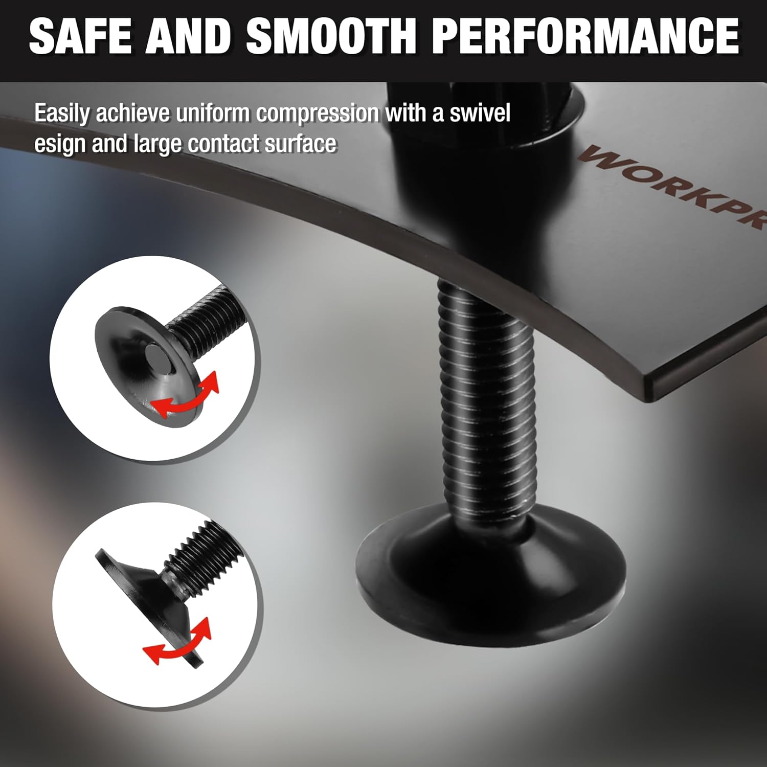 Brake pad expander tool with threaded screw, black base, red knob, swivel design