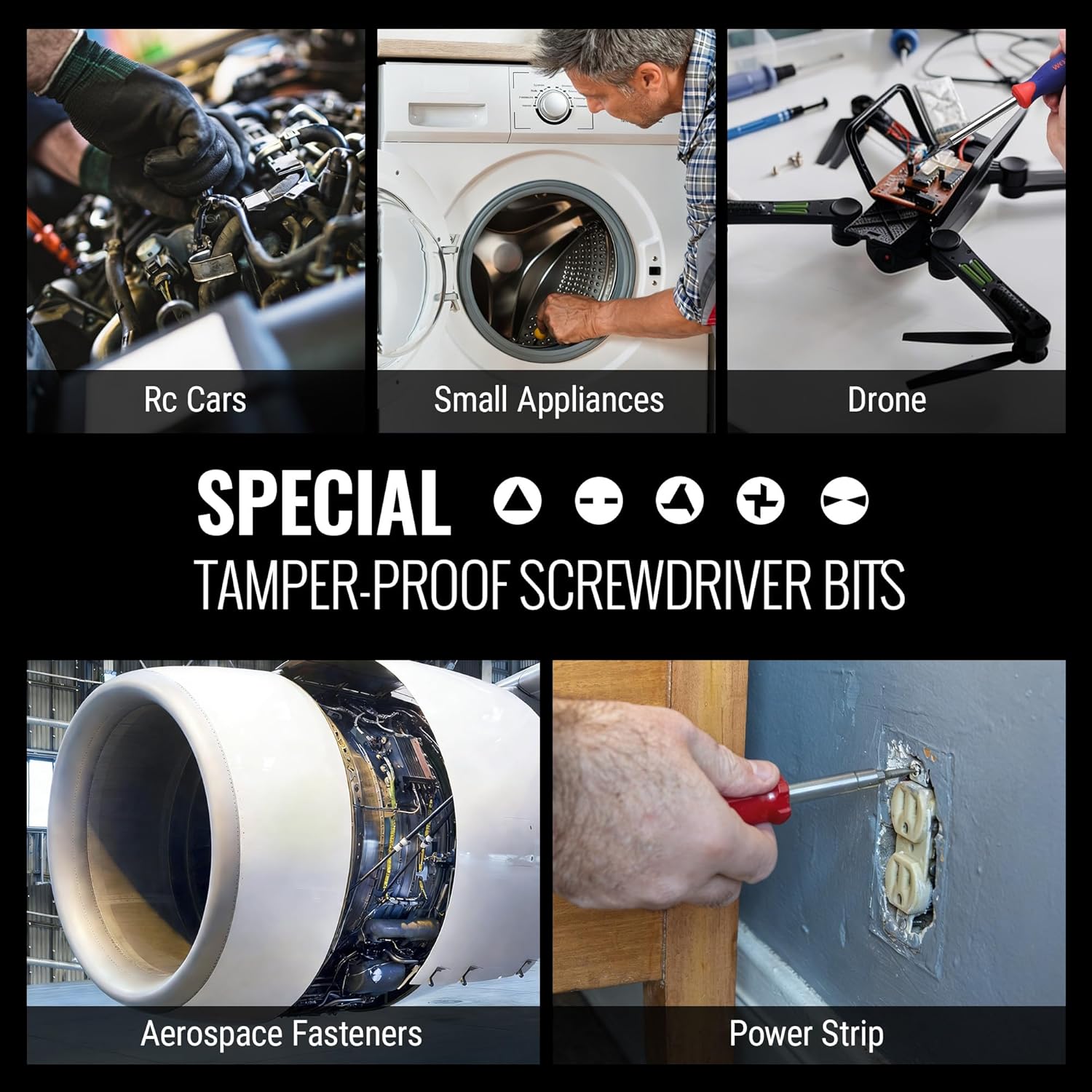 Tamper-proof screwdriver bits for aerospace fasteners and power strip service tasks