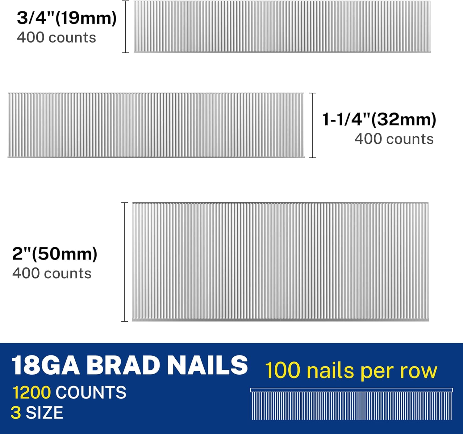 18-gauge brad nails showing 3/4, 1-1/4, and 2 in lengths, 400-count rows