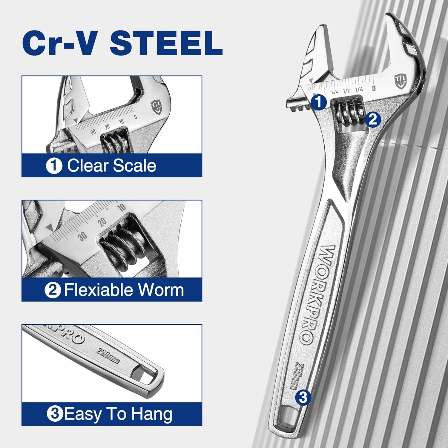 Cr-V steel adjustable wrench with clear scale and worm drive detail