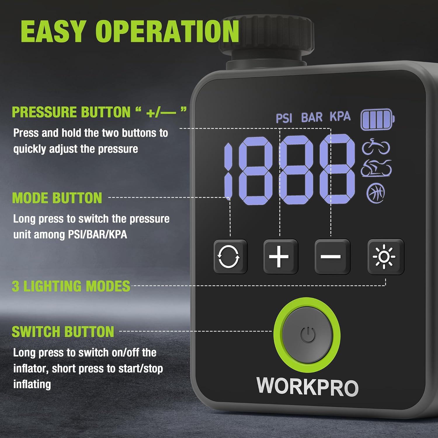WORKPRO mini air pump with pressure buttons, display showing 1888, green power knob