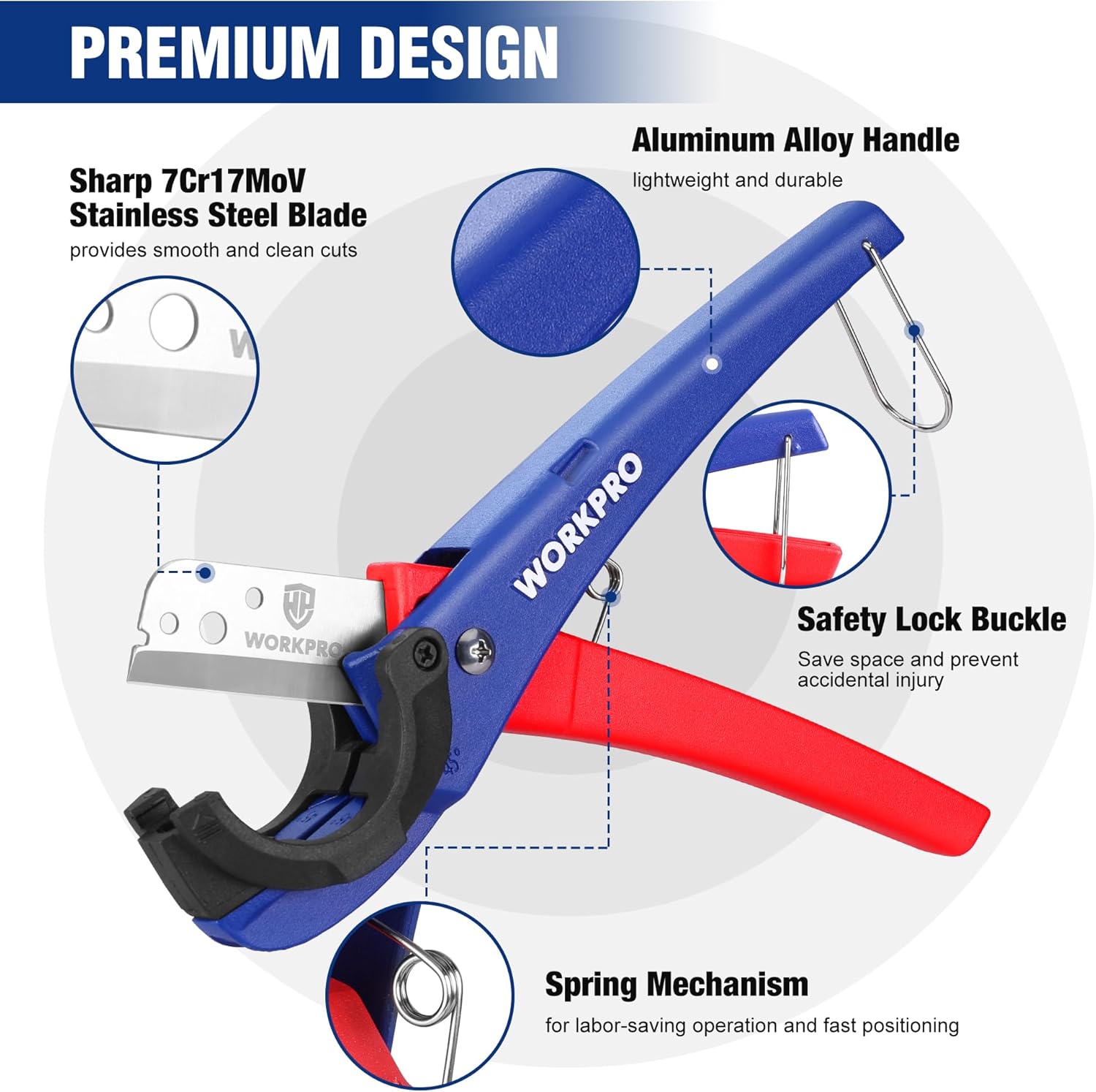 Pipe cutter with blue aluminum alloy handle, sharp stainless blade, safety lock buckle
