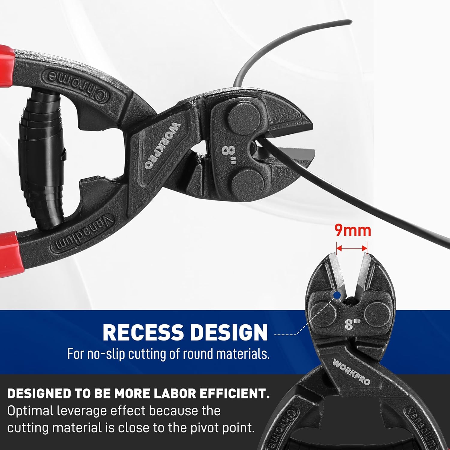 8-inch mini bolt cutter close-up of black recessed cutting jaws and 9 mm clearance