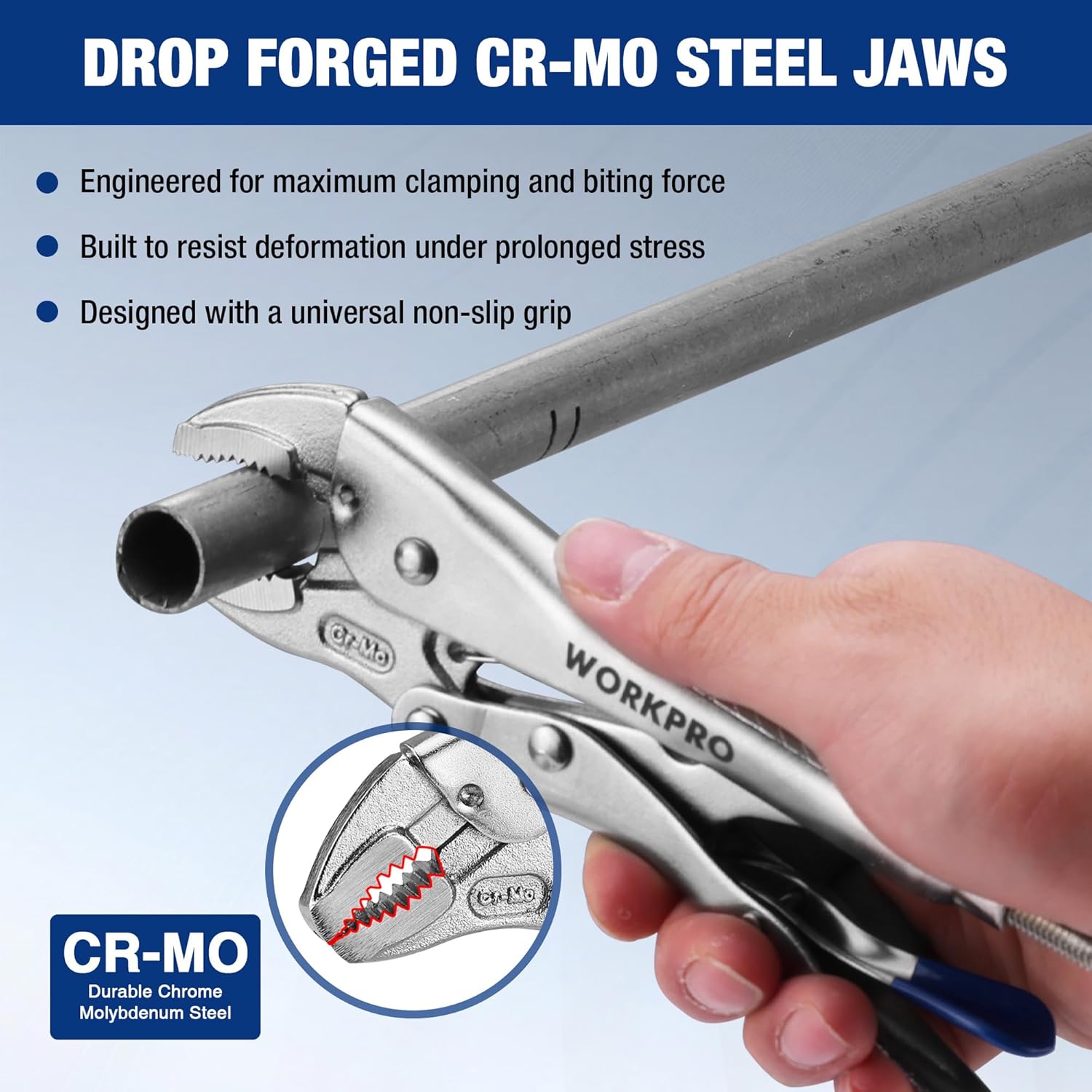 WORKPRO curved jaw locking pliers with CR-MO steel drop-forged jaws