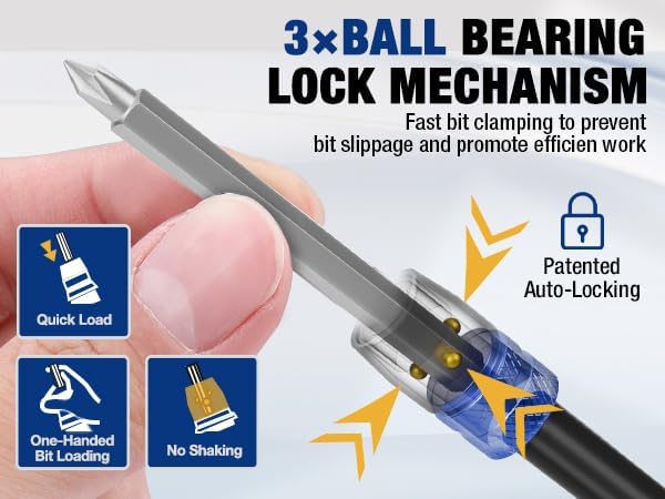 3-ball locking drill bit extension adapter for quick, anti-slip bit holding.