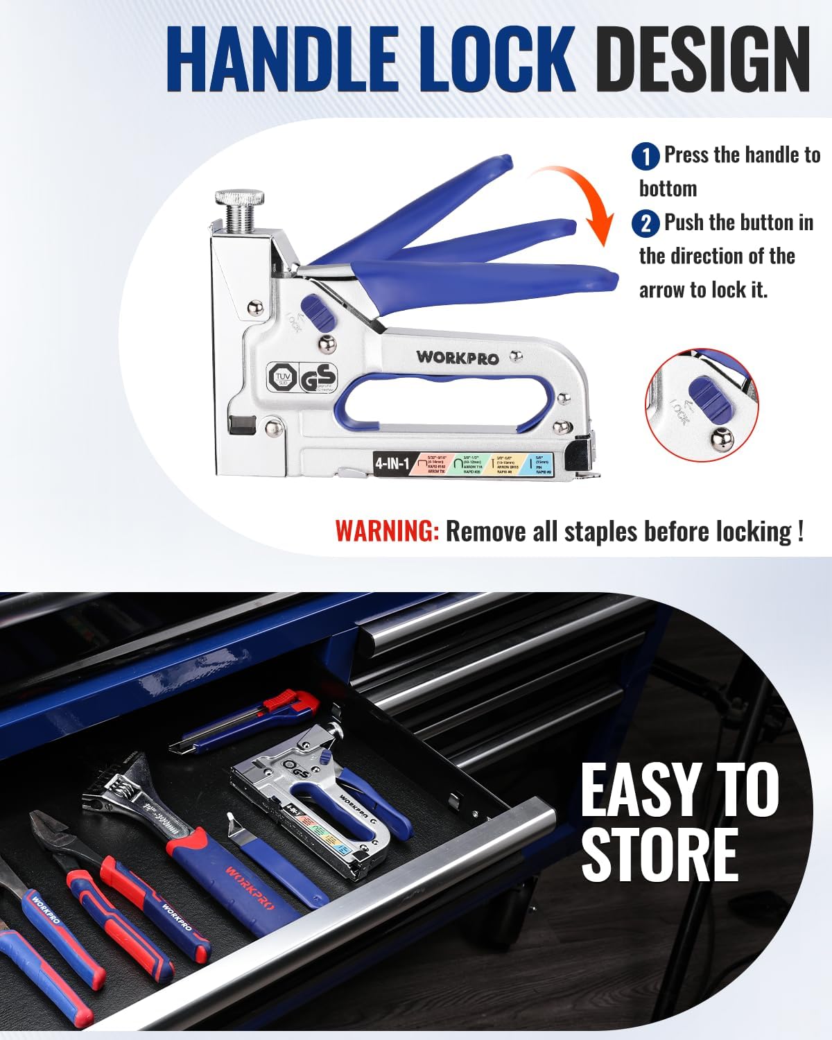Manual staple gun with handle lock design and storage drawer for tools