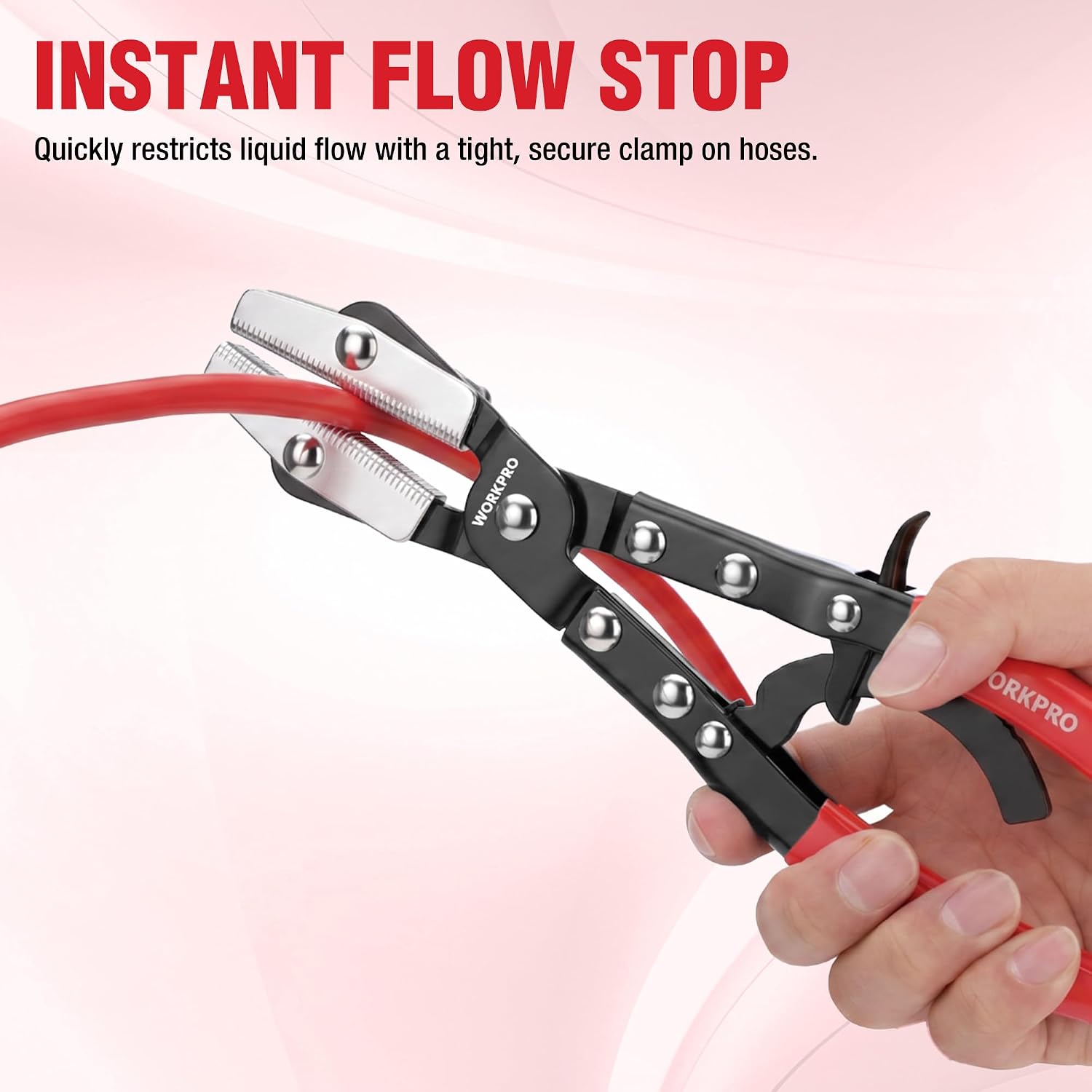 Ratcheting hose pinch-off pliers with serrated jaws and red handles, held for clamping