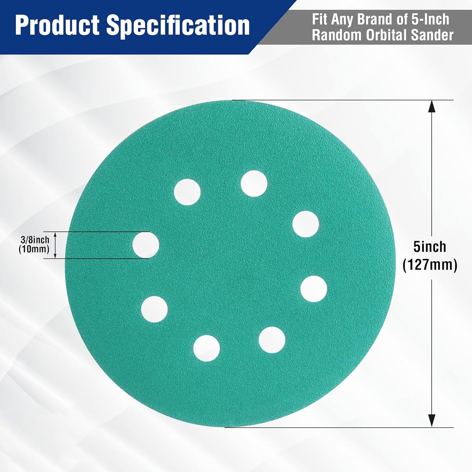 Green 5-inch round sanding disc with 8 holes, hook-and-loop backing