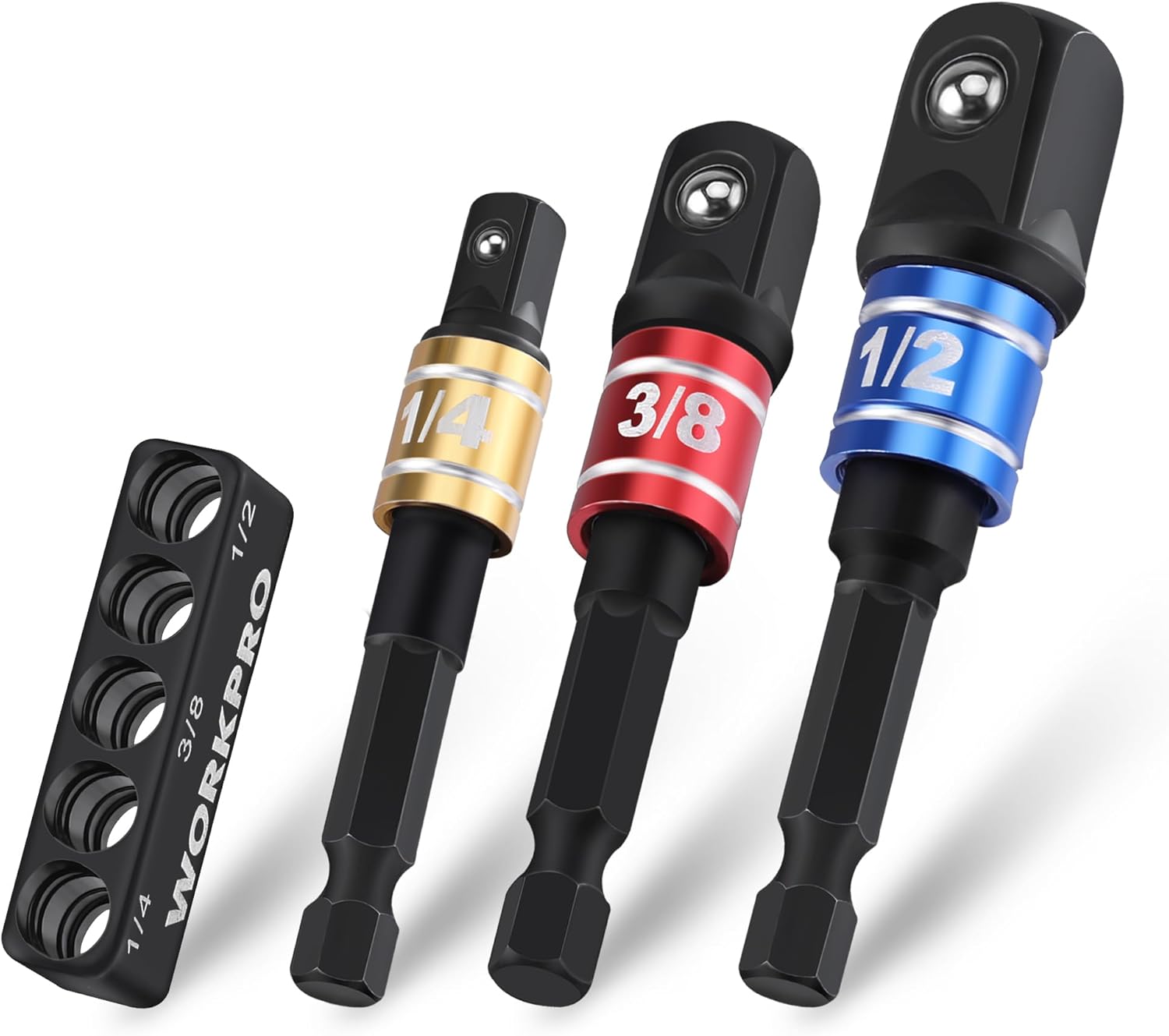 WORKPRO socket adapter set: 1/4, 3/8, and 1/2-inch drive sockets with bit holder
