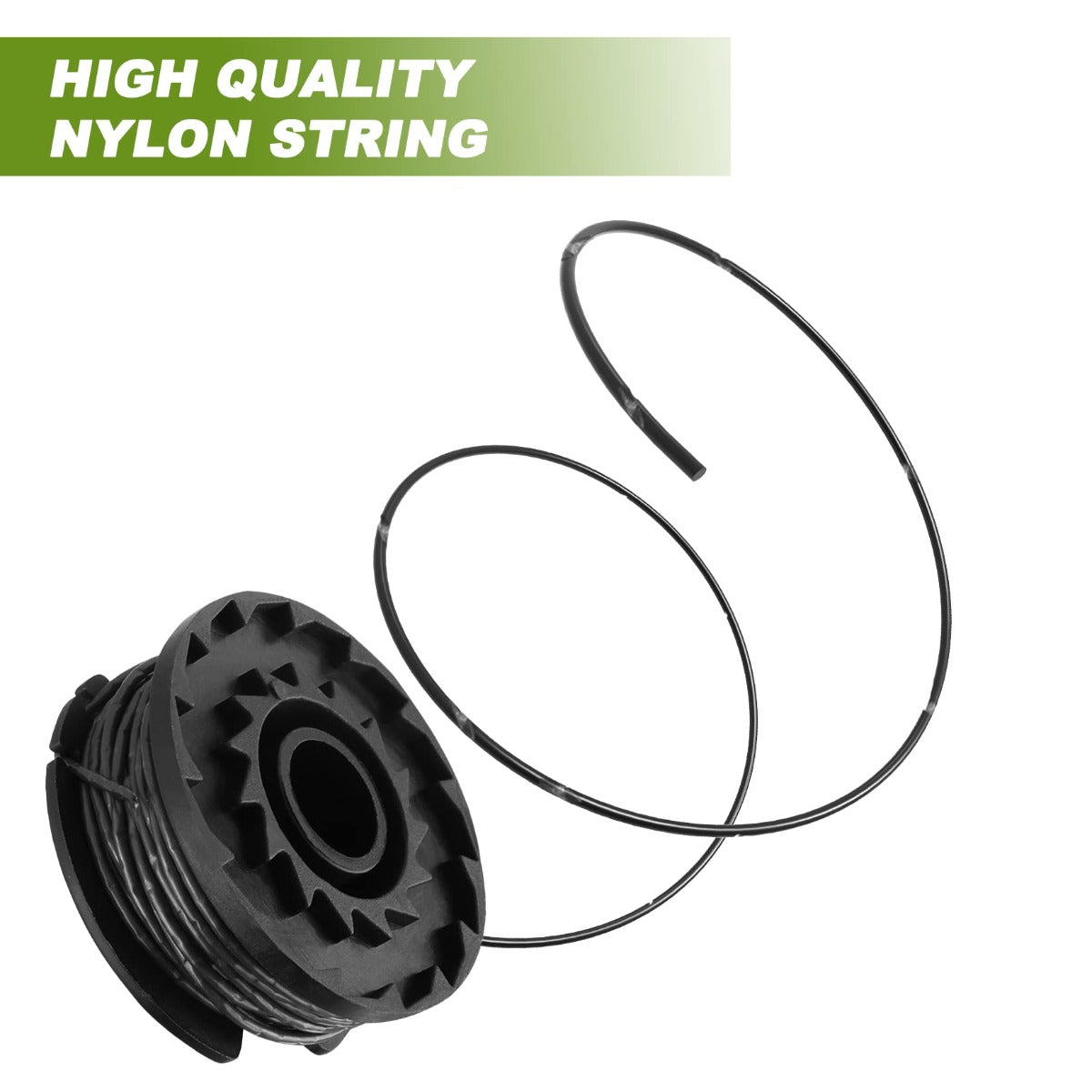 Black nylon trimmer line spool and two curved string segments