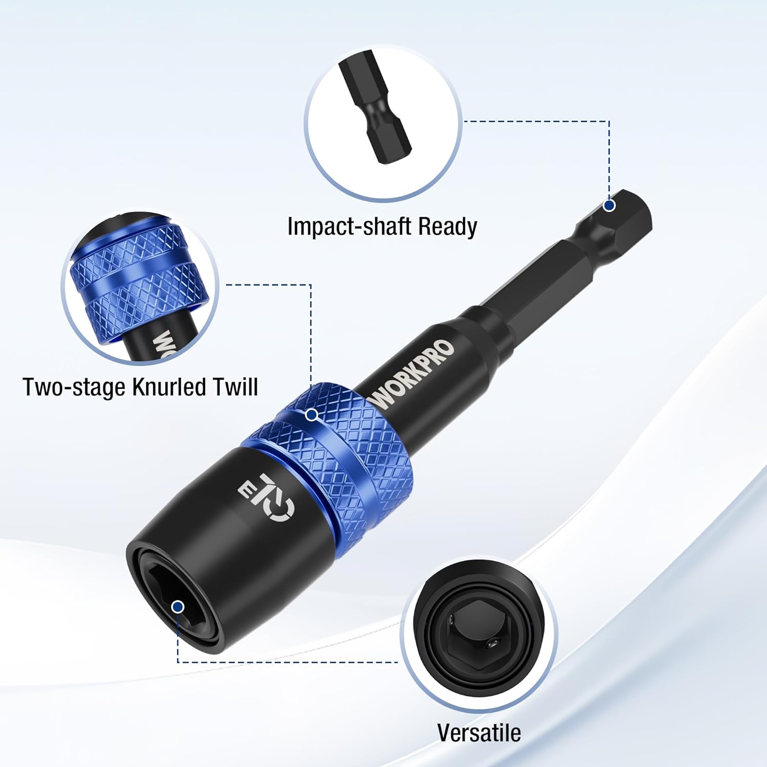 Black drill bit extension adapter with two-stage knurled grip and blue locking ring