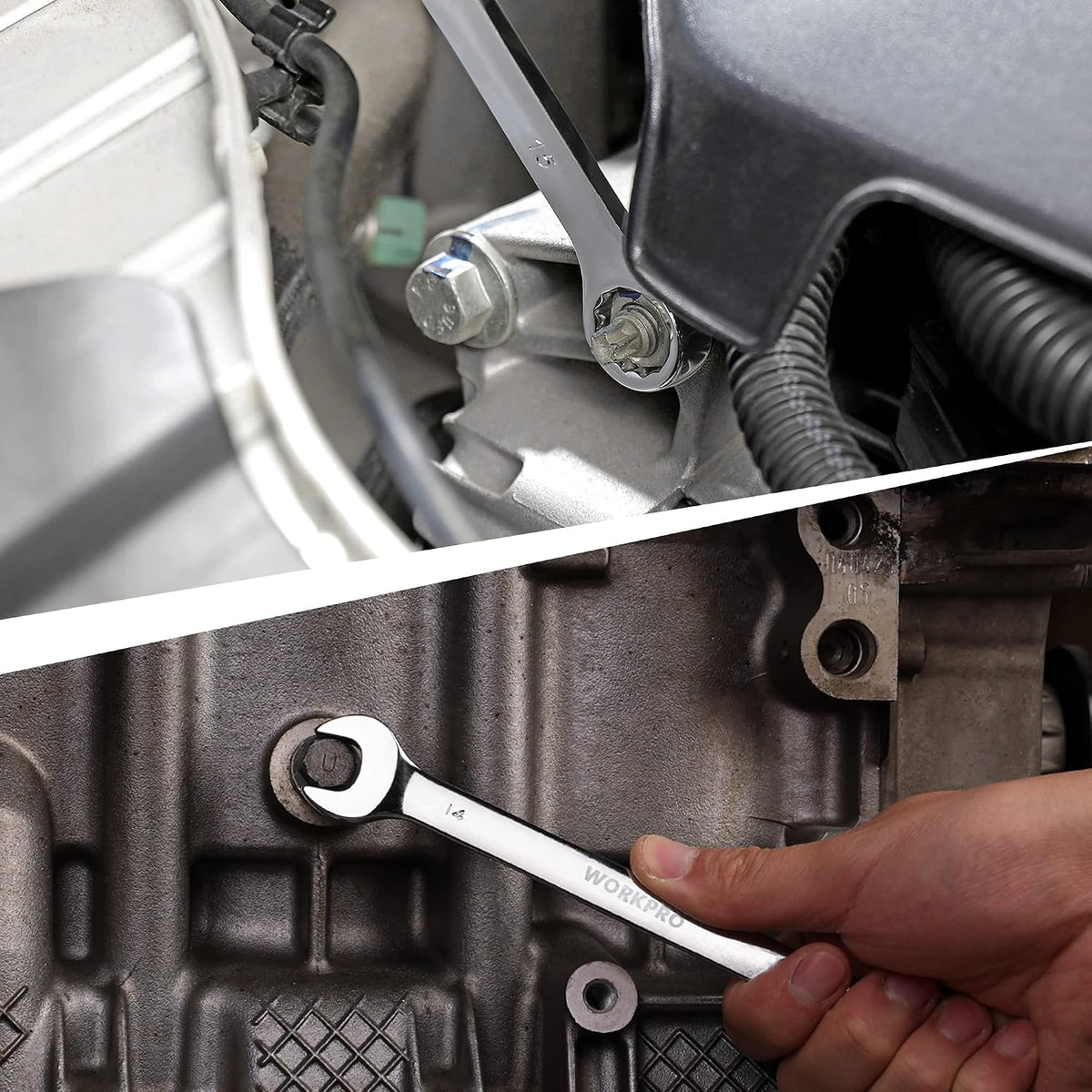 Combination wrench tightening a fastener in a vehicle engine bay; chrome finish.