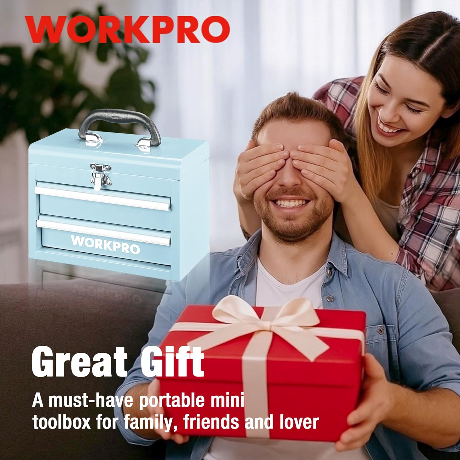 Light blue mini tool box with carry handle and top latch, shown beside a wrapped gift.