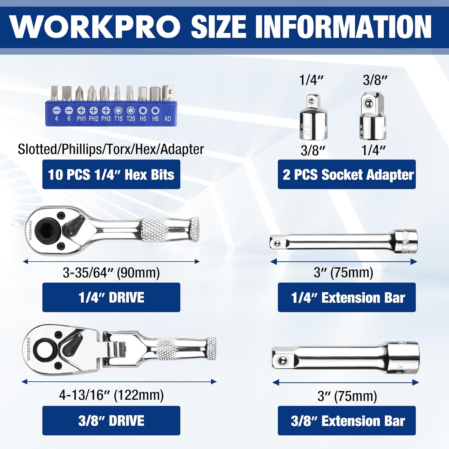 1/4-inch hex bit driver set with socket adapters and 1/4 & 3/8 extension bars