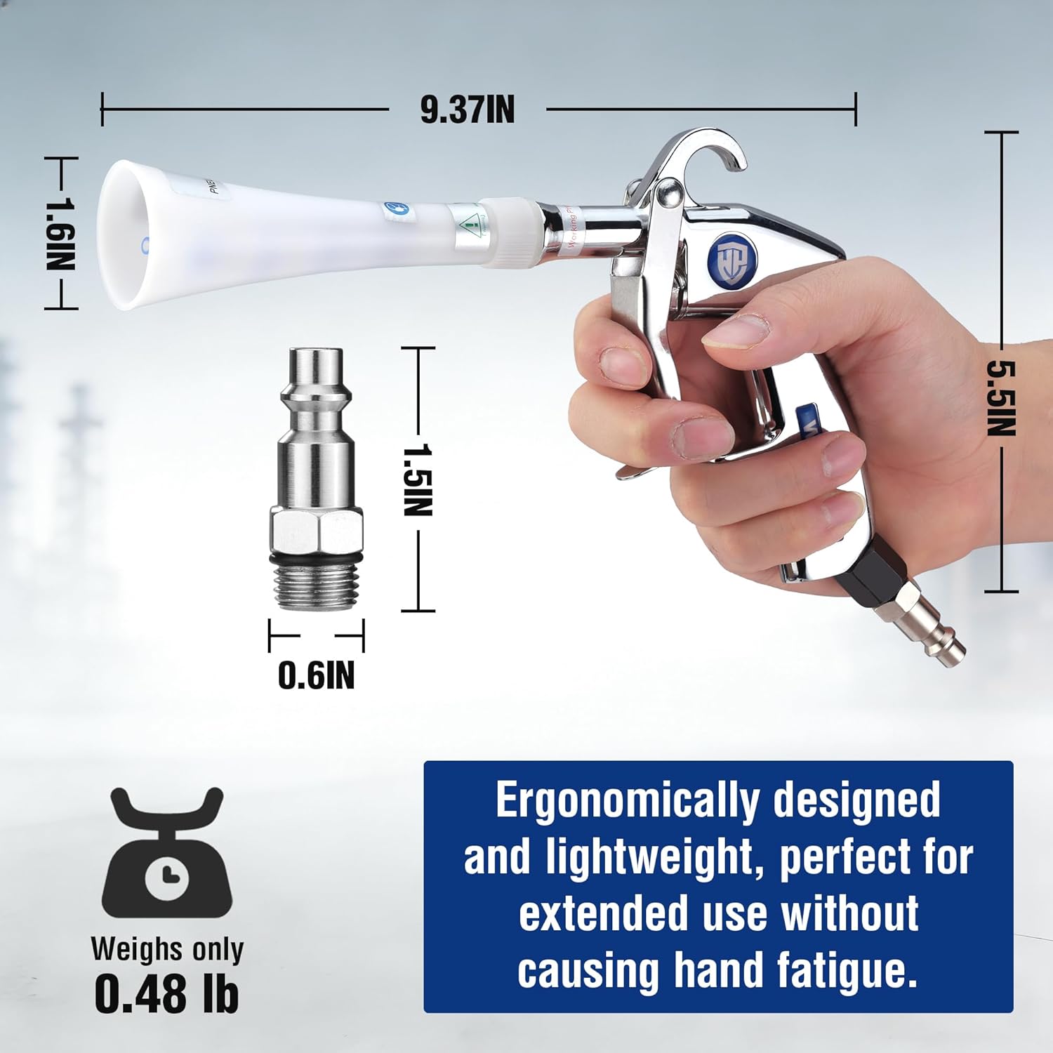 Compressed-air tornado nozzle blow gun with white body and chrome trigger, held in hand