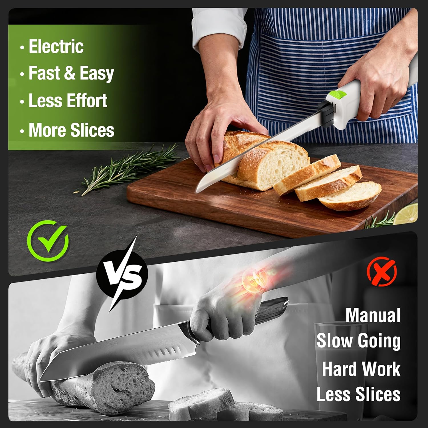 White cordless electric carving knife cutting bread on a wooden board