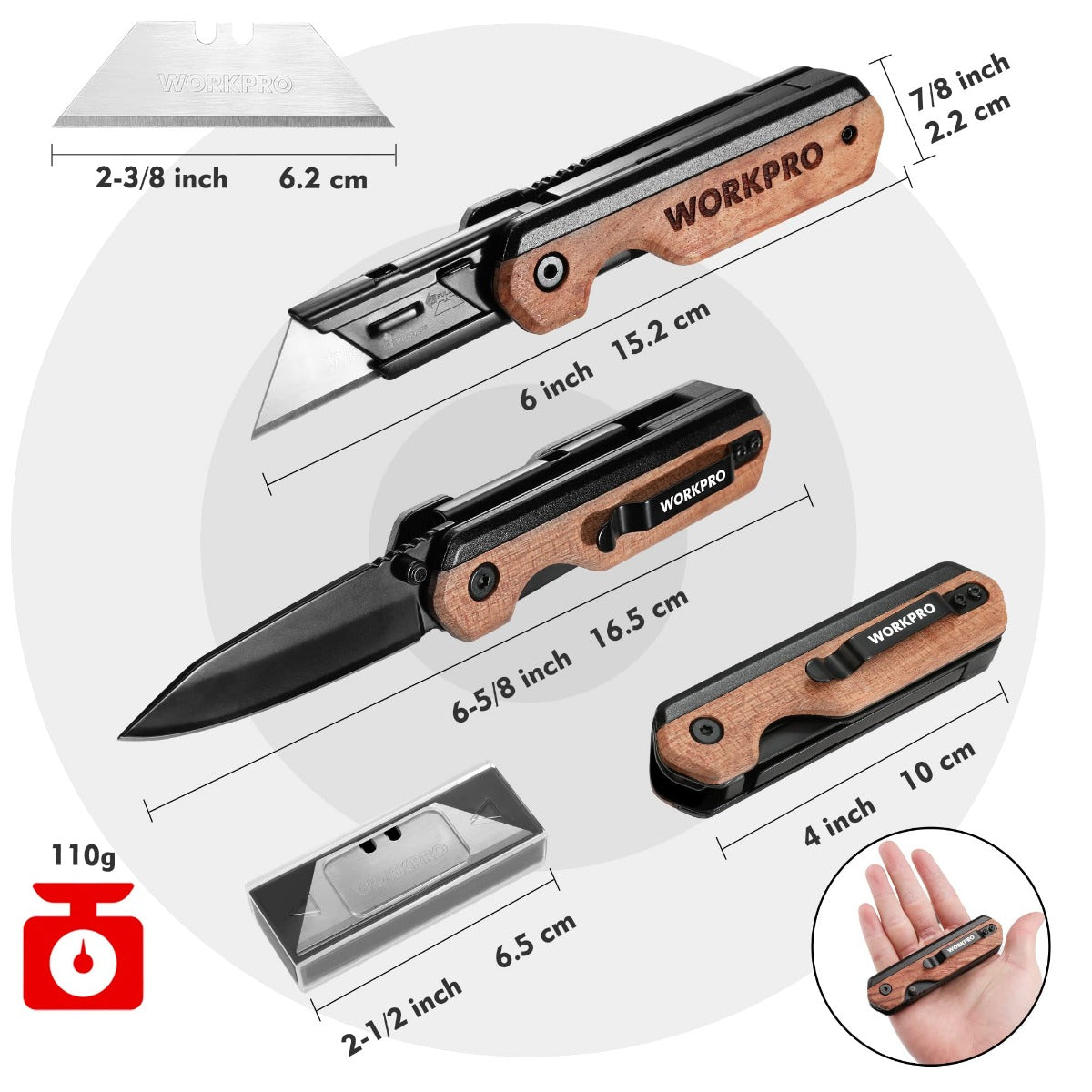 WORKPRO folding utility knife with wood handle and multiple SK5 blades, size view
