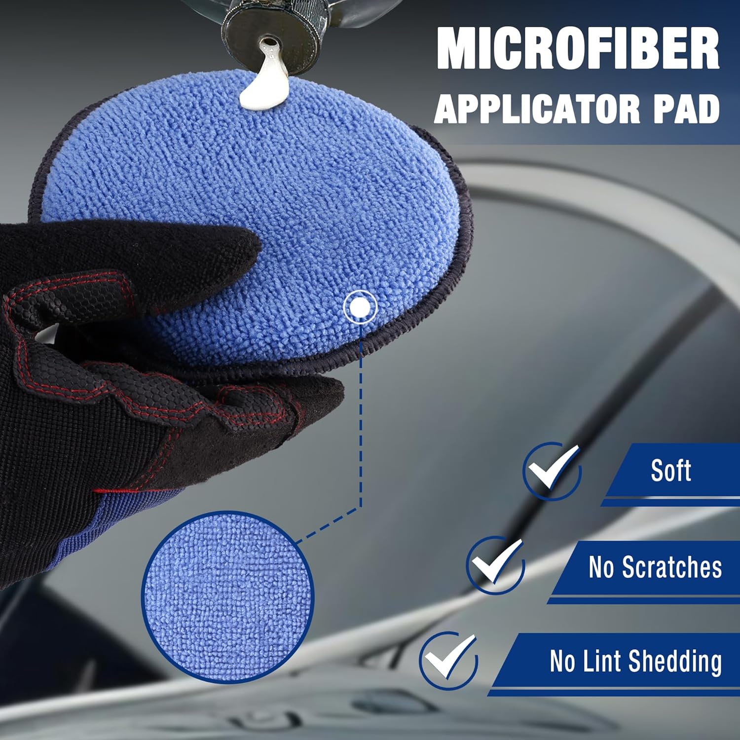 Blue microfiber applicator pad with black backing, shown in gloved hand.