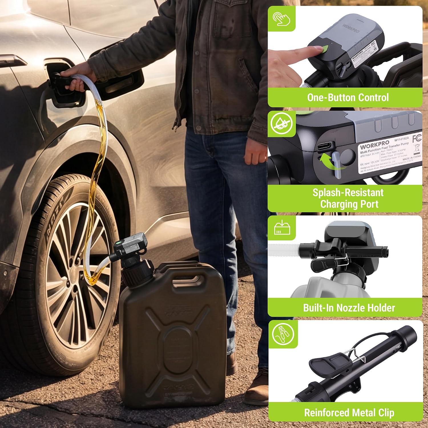 Electric fuel transfer pump with one-button control, splash-resistant port, and metal clip