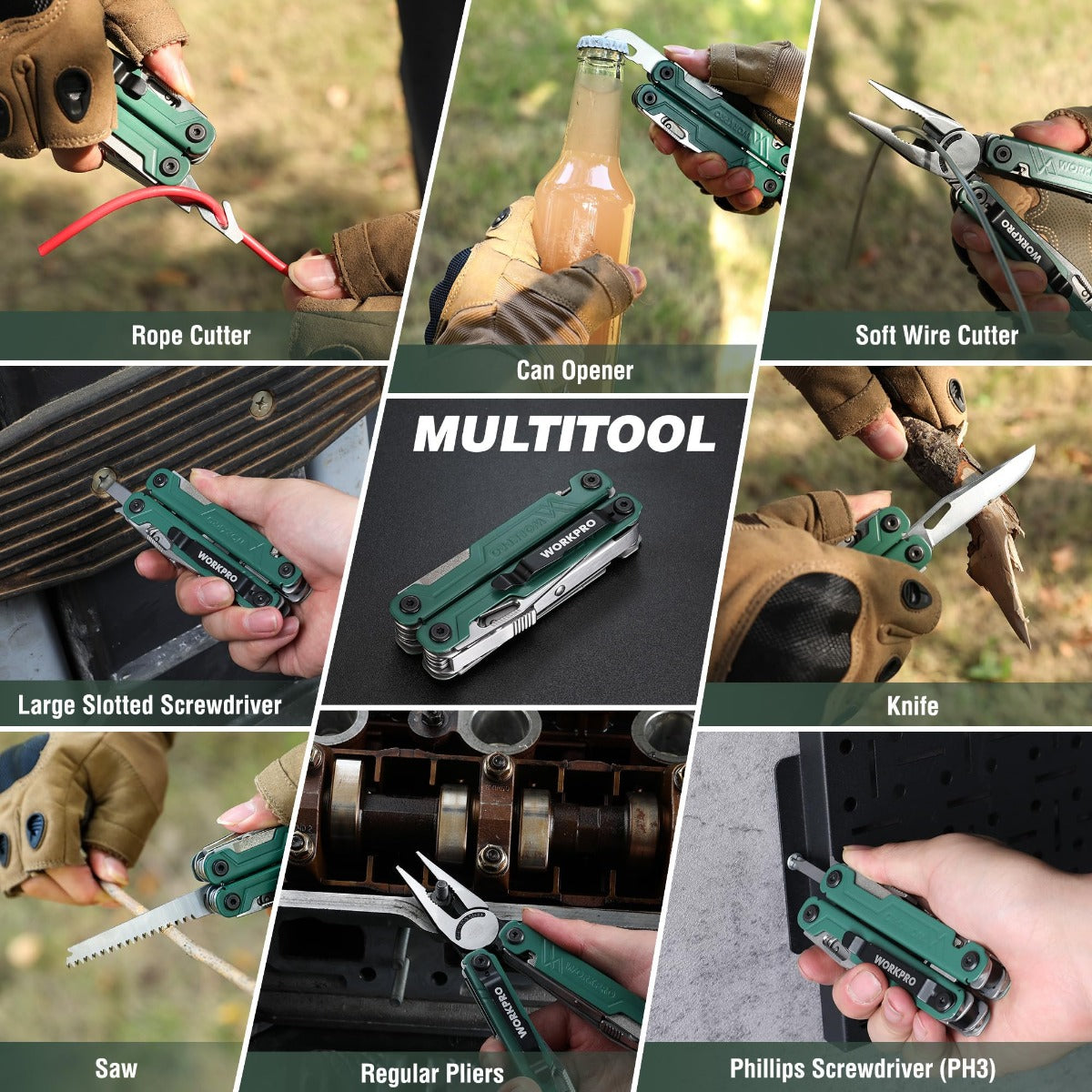 Green multi-tool pliers in hand with blade attachments for cutting tasks