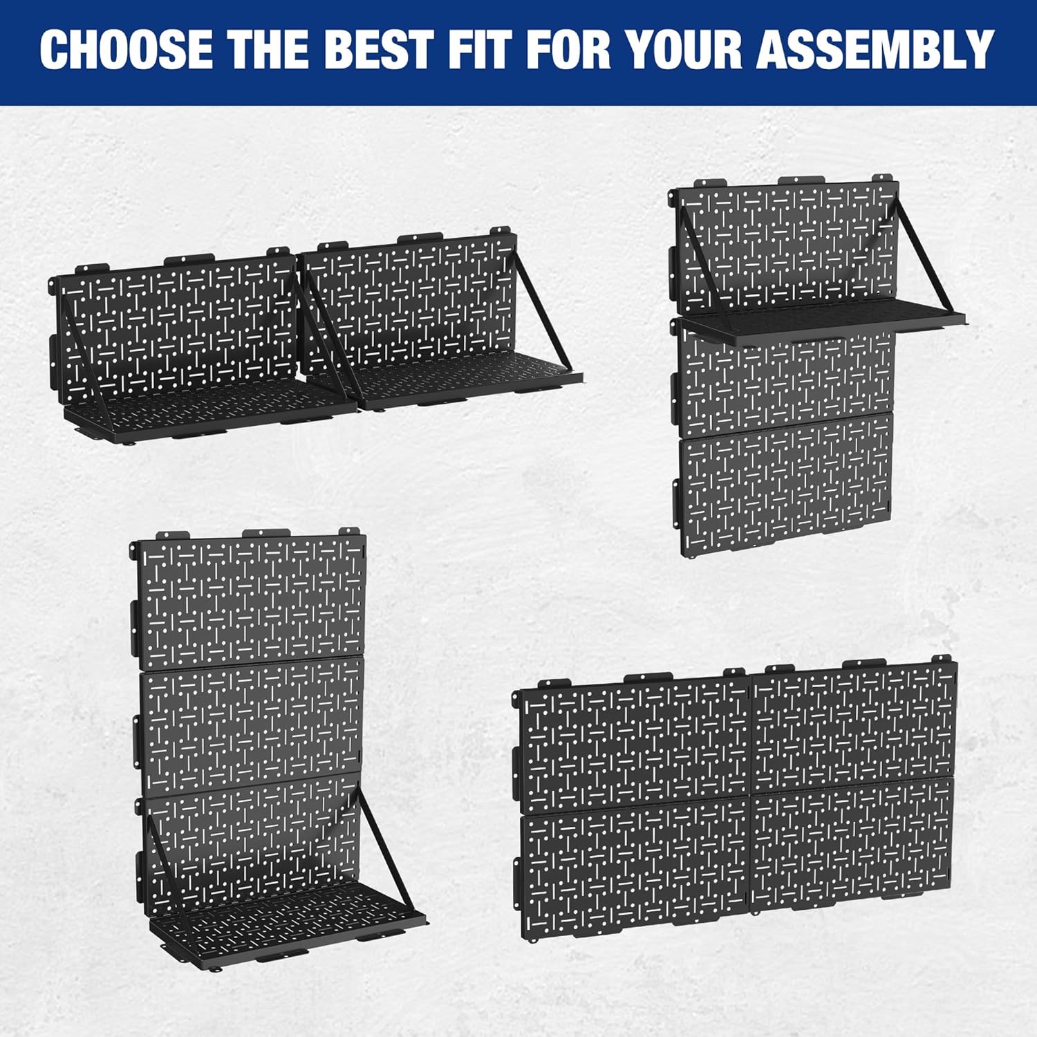 Foldable black metal pegboard set shown in multiple assembly positions, round hole grid