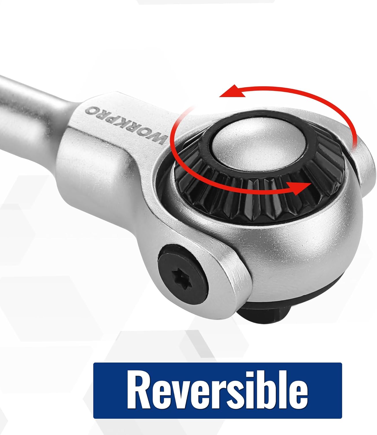 Reversible chrome ratchet head with star-pattern gear and black direction lever