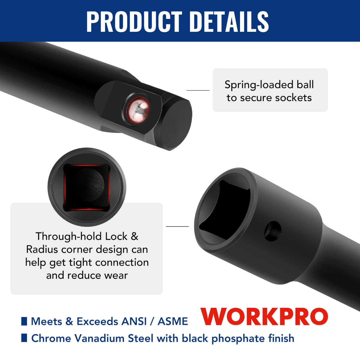 Black drive socket detail with spring-loaded ball and Chrome Vanadium steel marking
