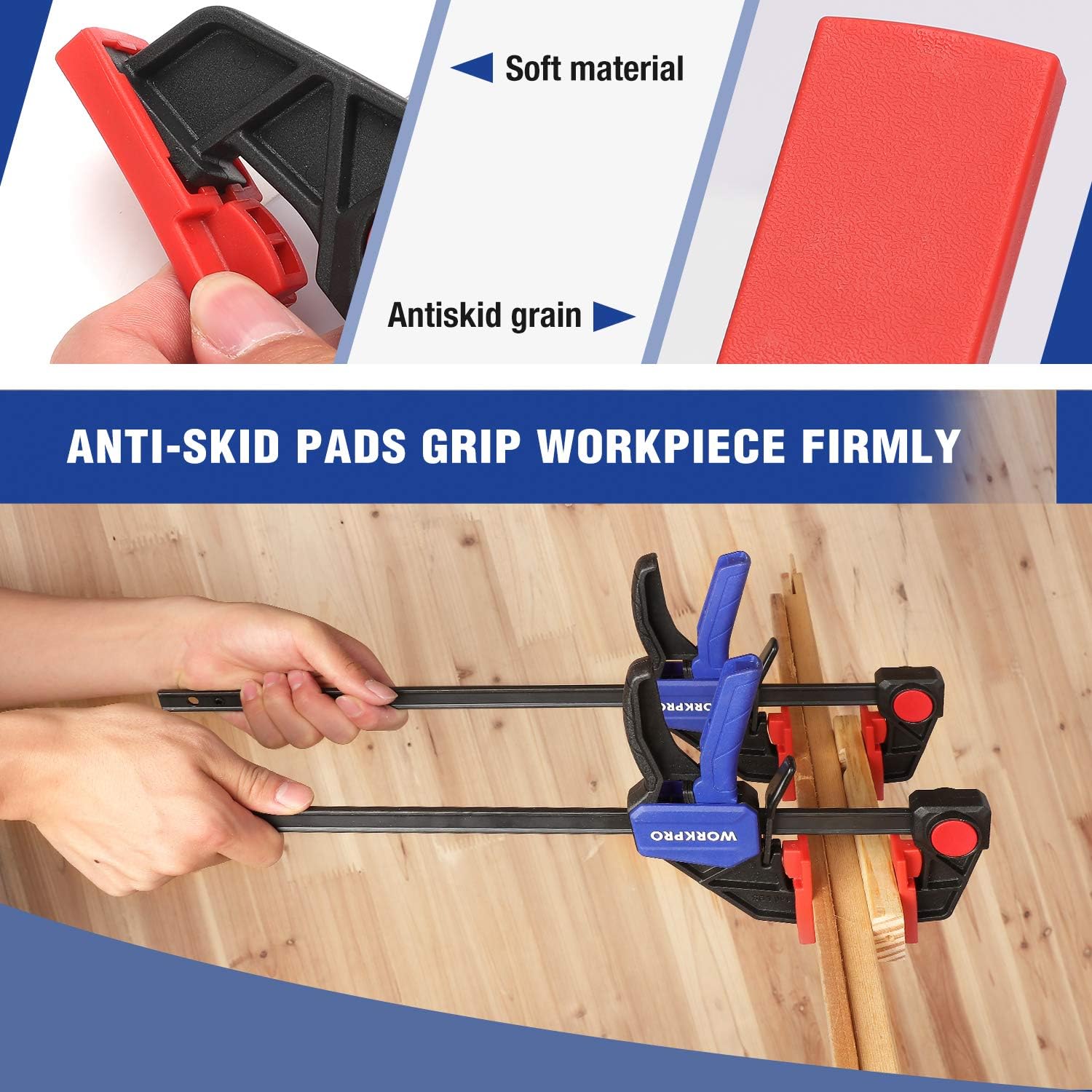 WORKPRO F clamp with anti-skid red pads and soft grip trigger handles