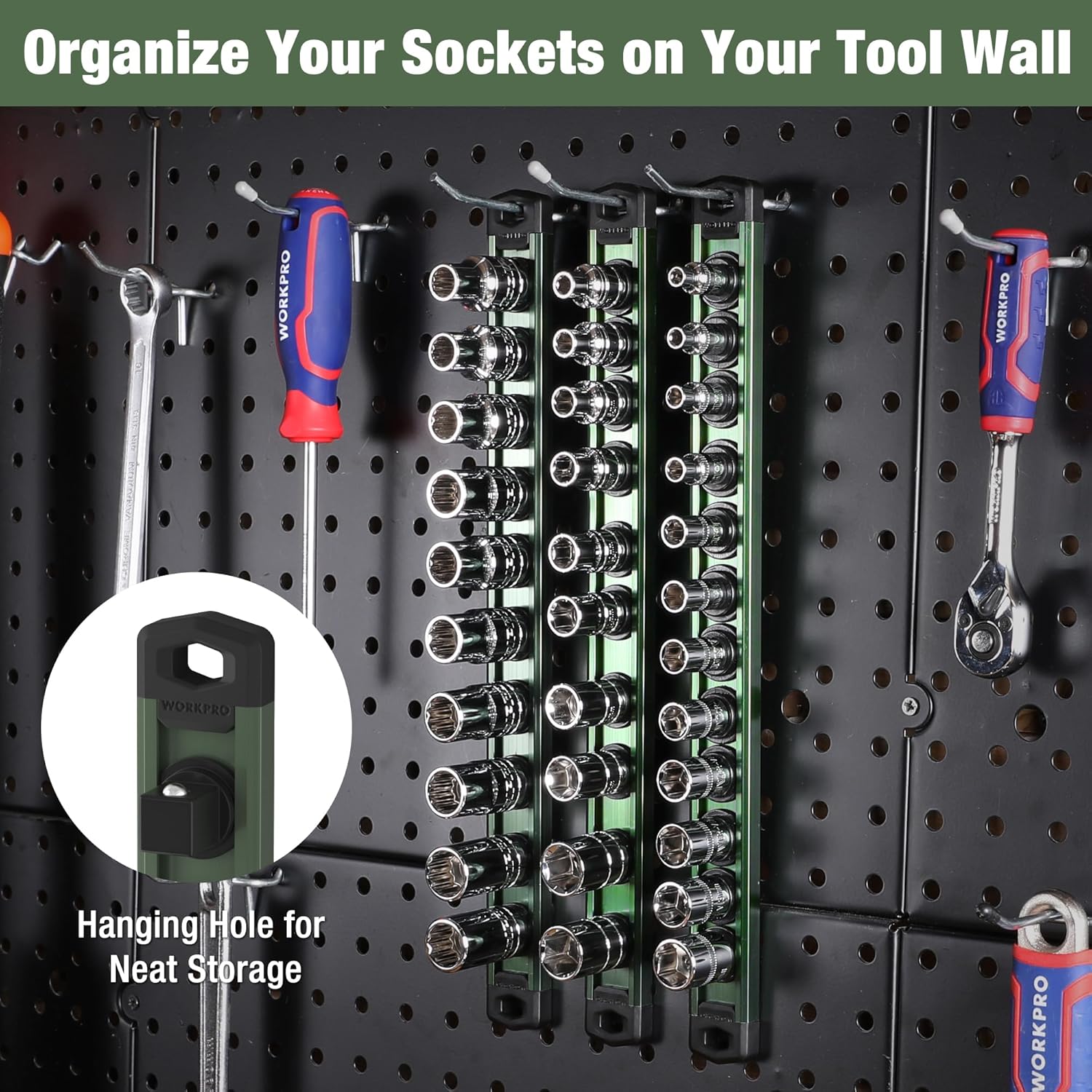 Green magnetic socket organizer rail with black clips mounted on a perforated tool wall