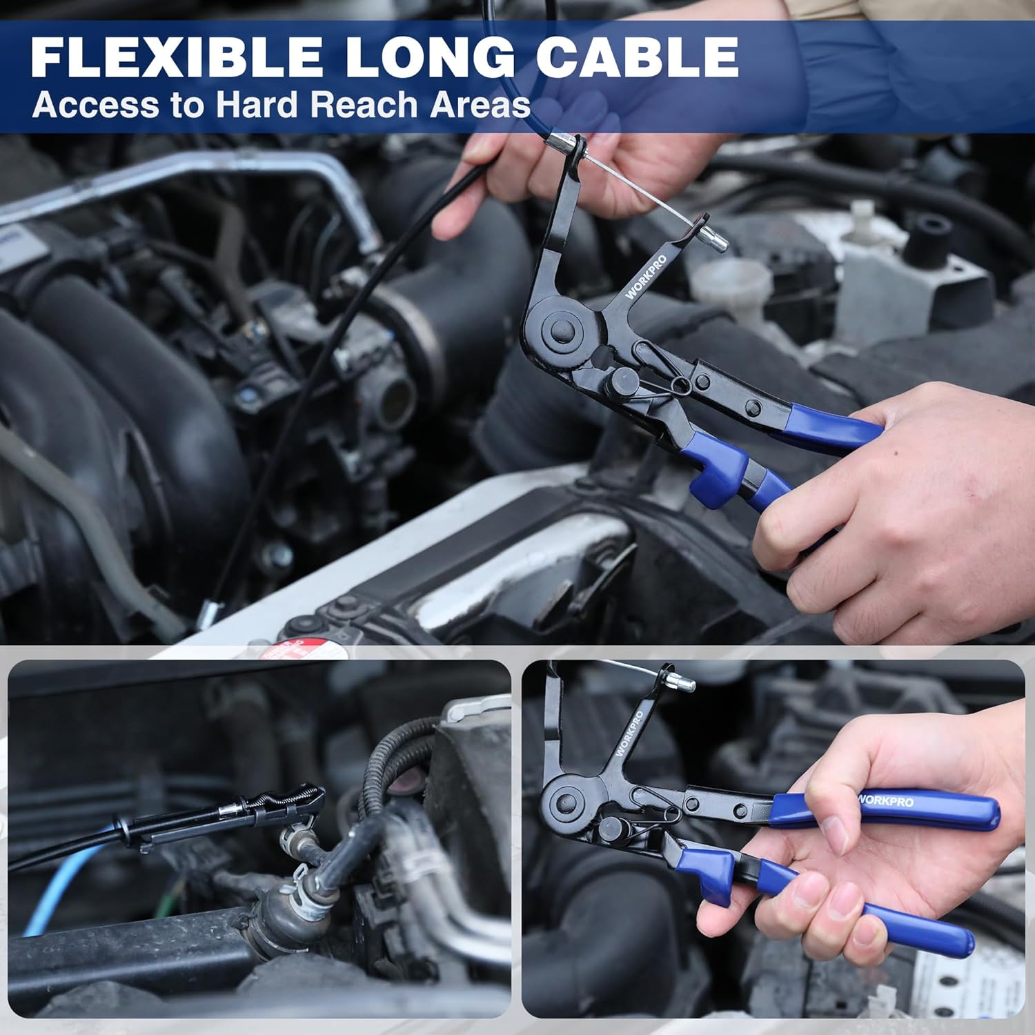 WORKPRO flexible hose clamp pliers tool with long reach and blue non-slip handle