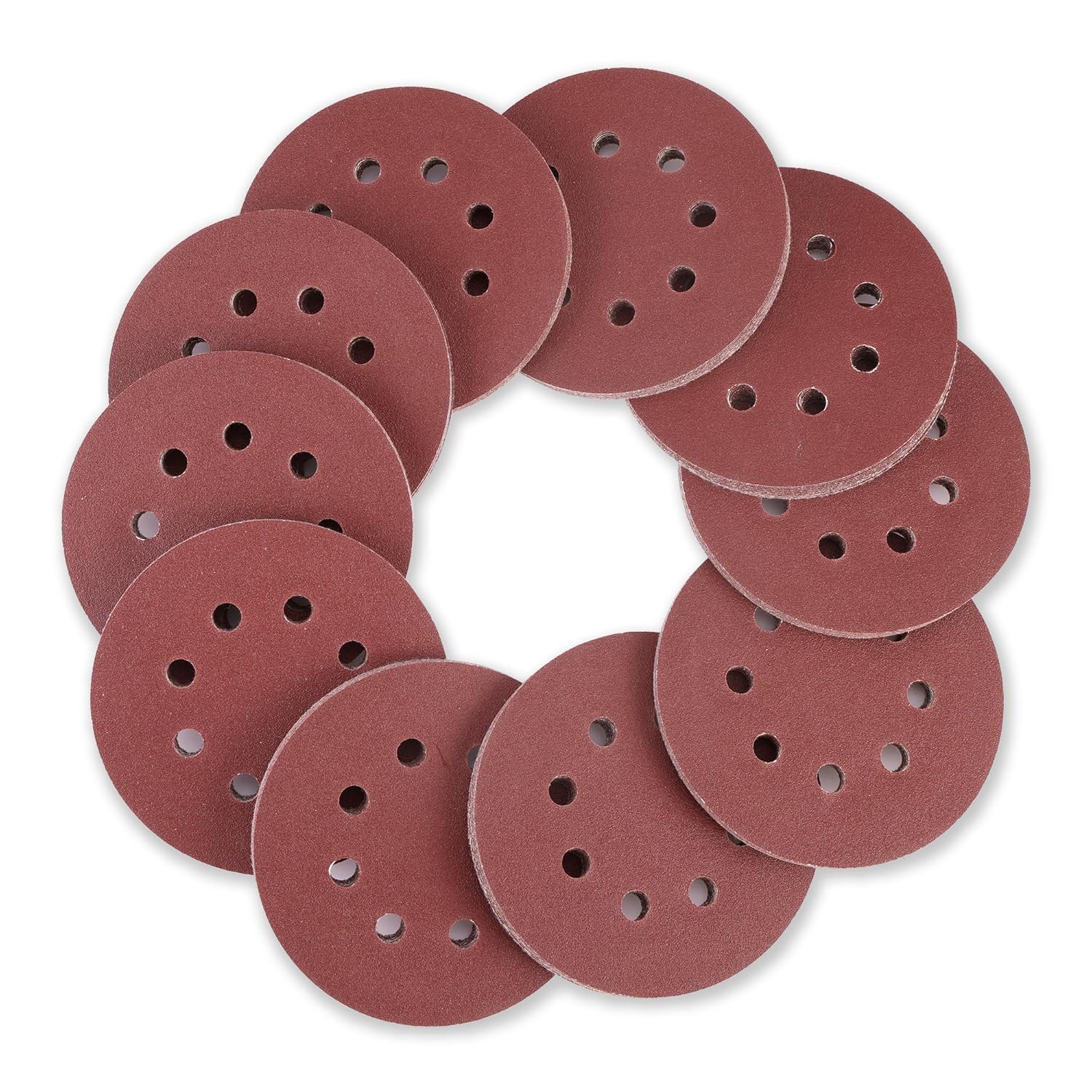 Set of maroon 5-inch sanding discs with 8-hole dust ports, hook-and-loop backing.
