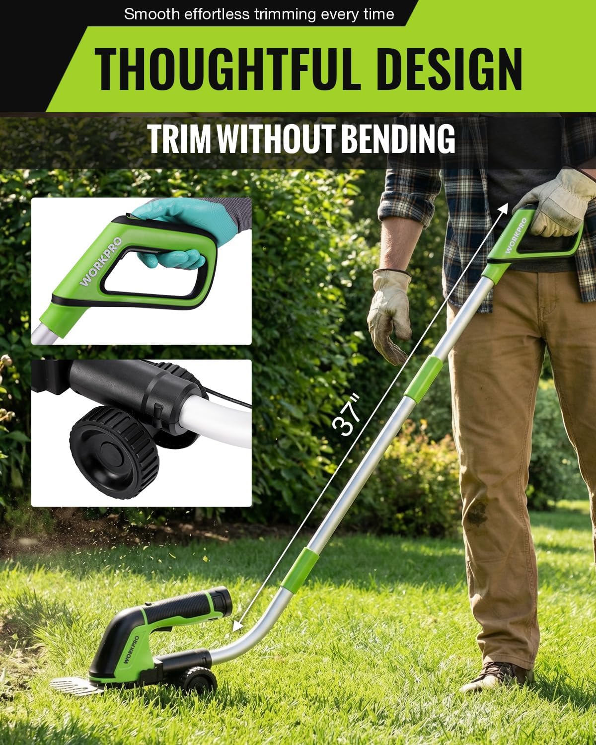 Cordless grass shear with telescopic extension pole and wheels for lawn trimming
