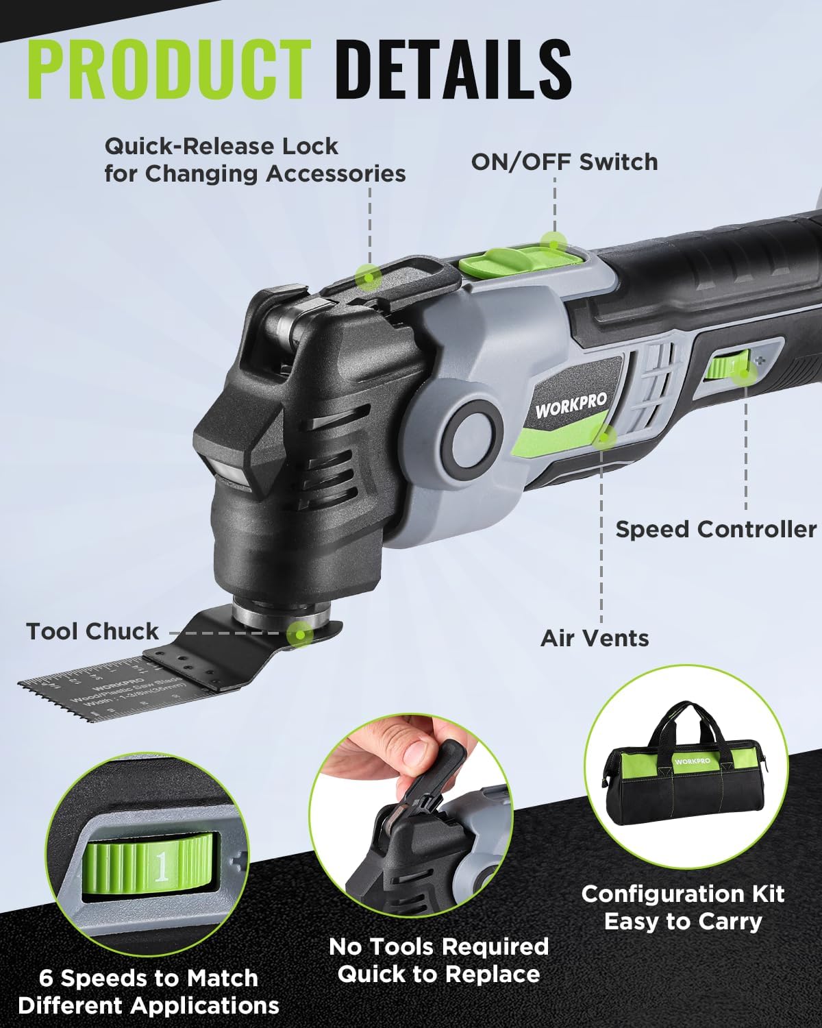 Cordless oscillating multi tool with green accents, tool chuck and speed controller, shown with bag
