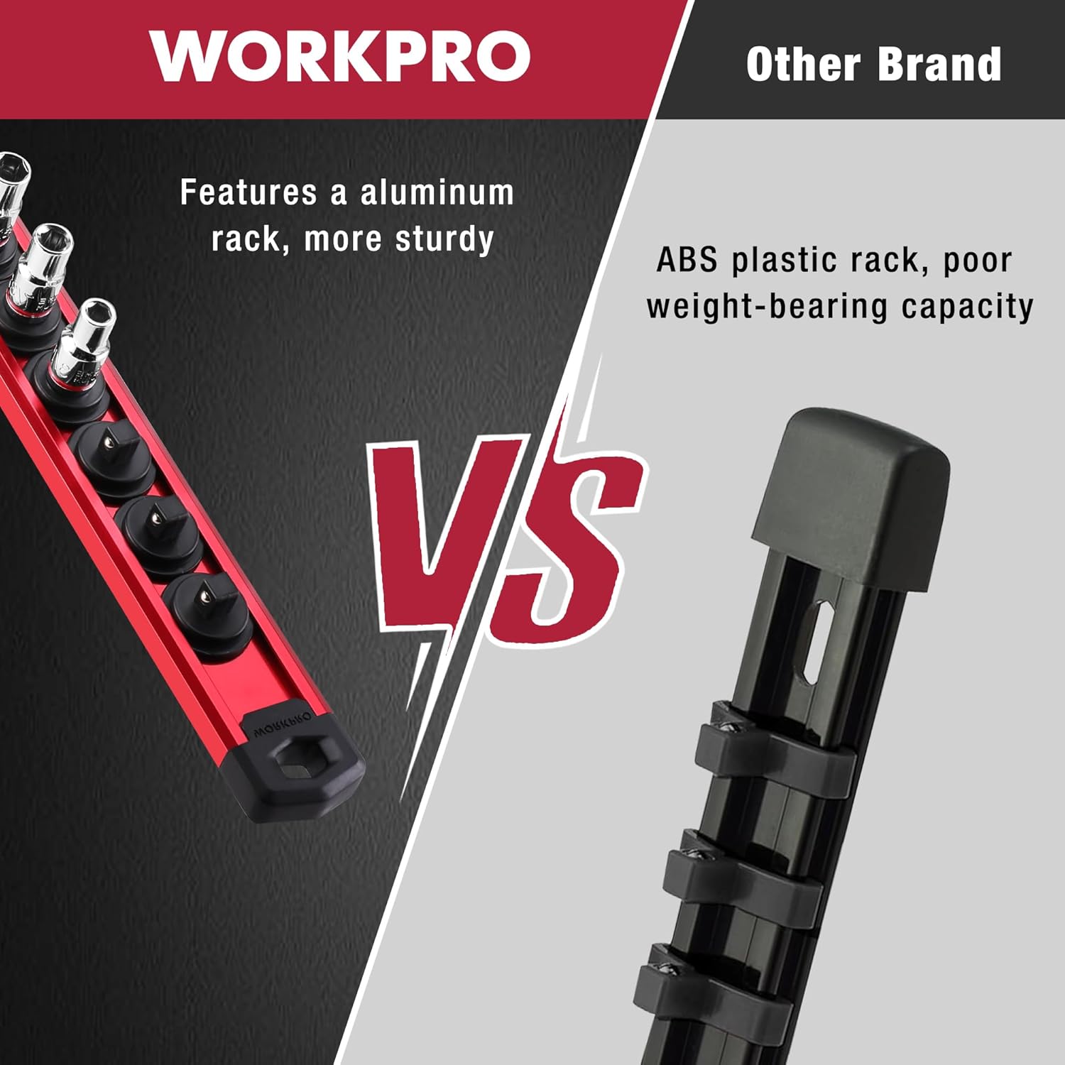Red socket rack rail with black socket holders beside a dark plastic rail