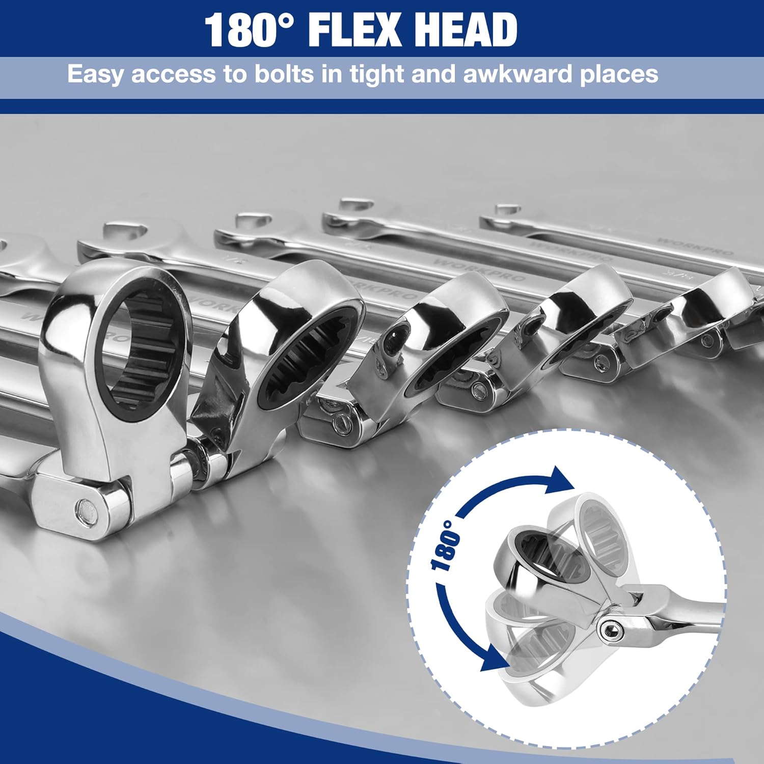 Set of chrome flex-head ratcheting combination wrenches for tight, awkward access