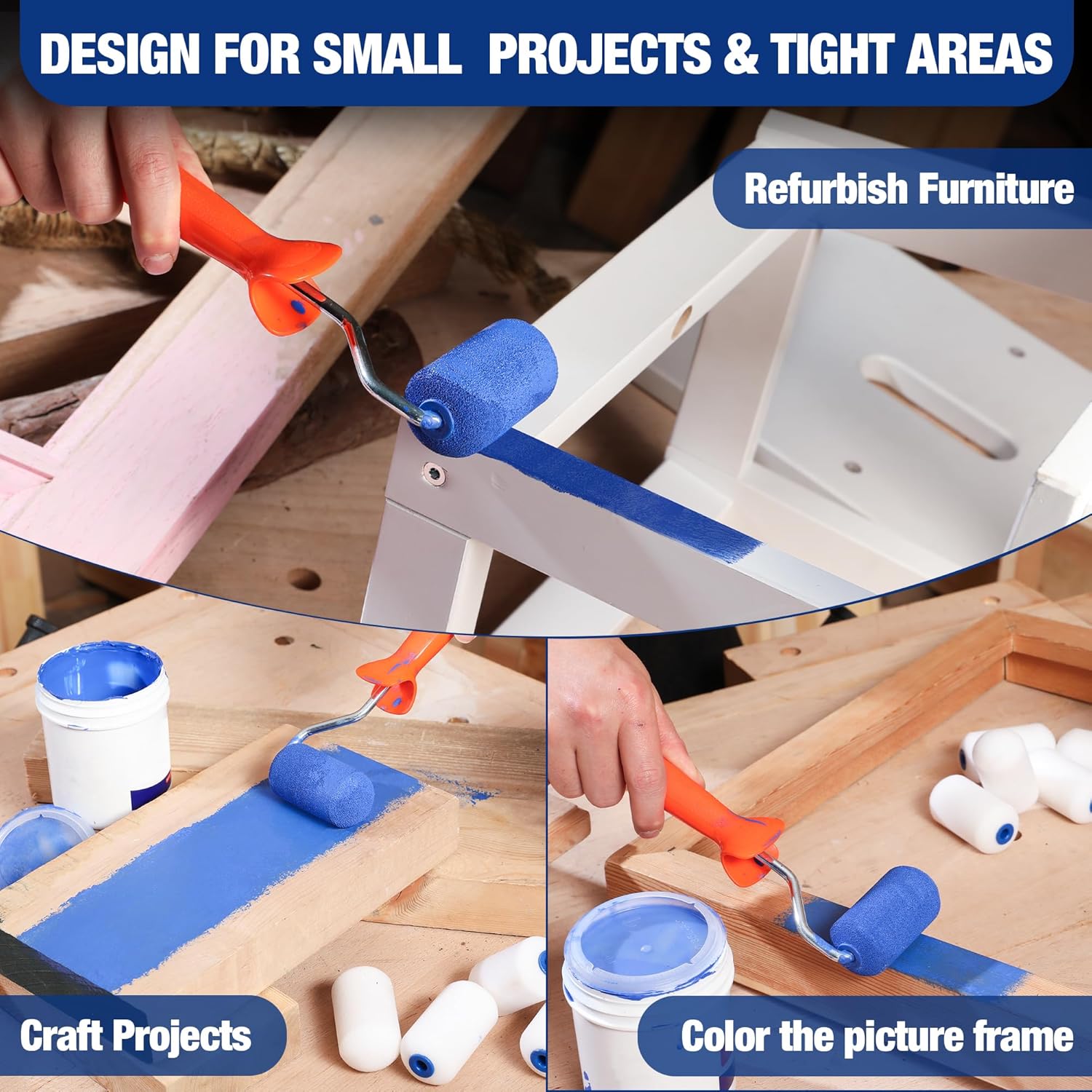 Mini foam paint roller set with blue handles and white roller covers for small projects.