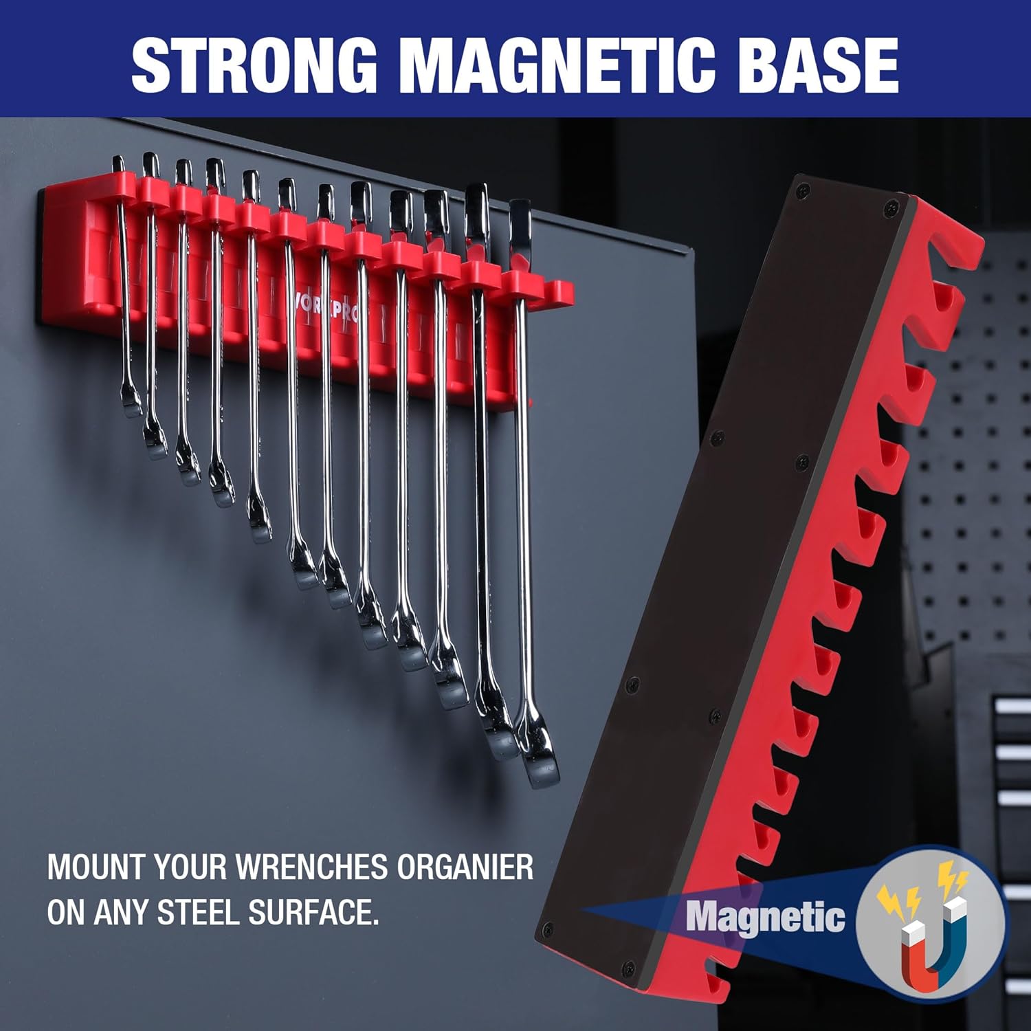 WORKPRO magnetic wrench organizer base with red holders and chrome wrenches attached