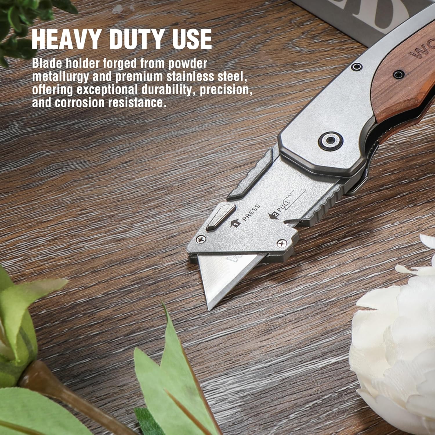WORKPRO folding utility knife with extended stainless blade and rosewood grip