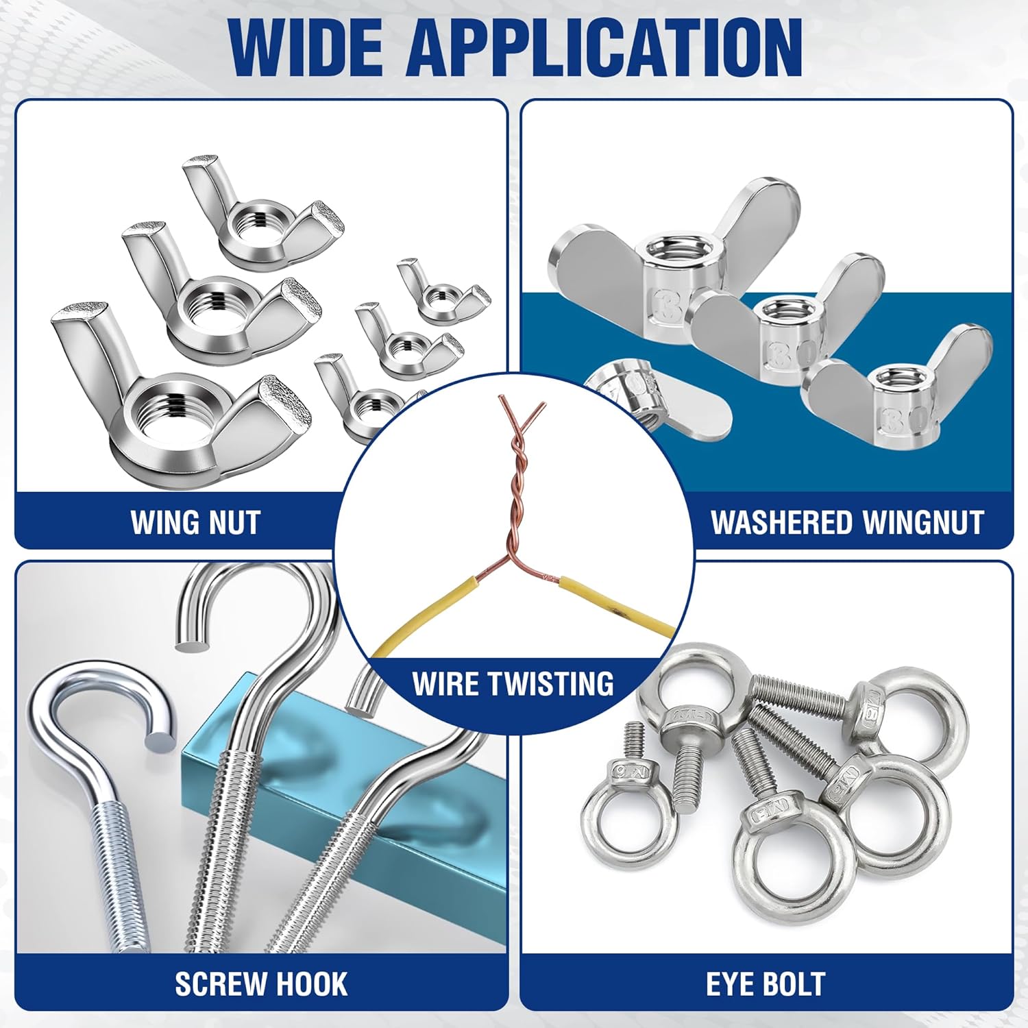 Wing nut driver set use shown with wing nuts, eye bolts, and wire twisting