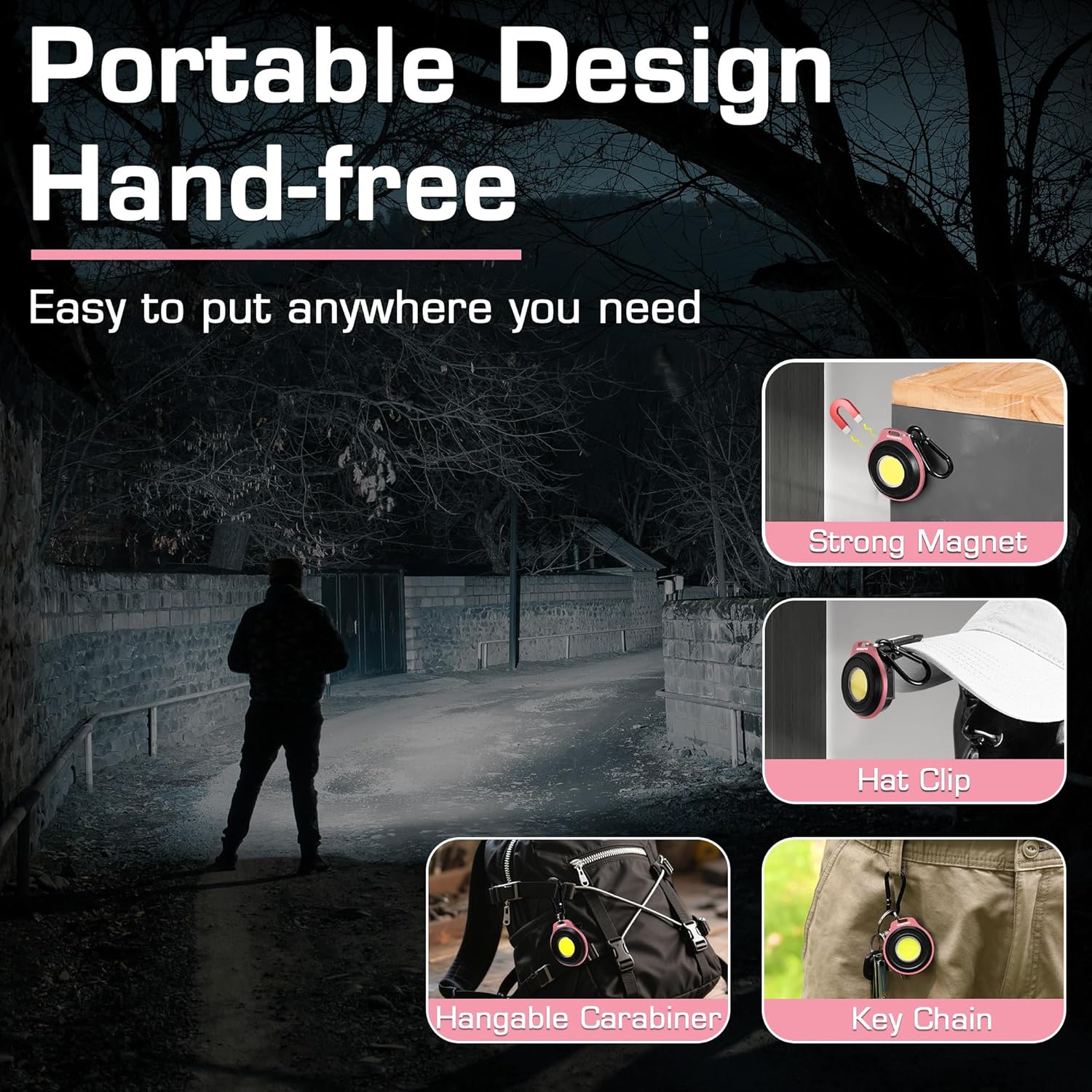 Pink and black portable keychain flashlight with carabiner clip and strong magnet base
