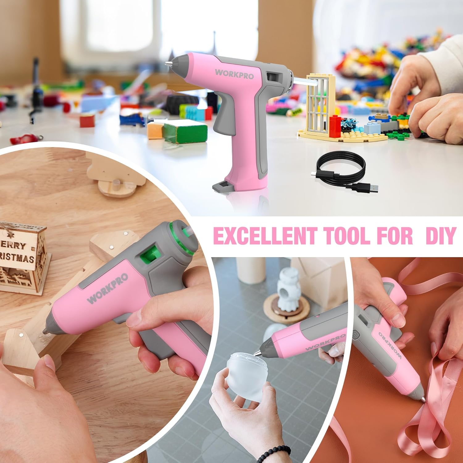 WORKPRO pink cordless mini hot glue gun in hand with USB Type-C charging cable