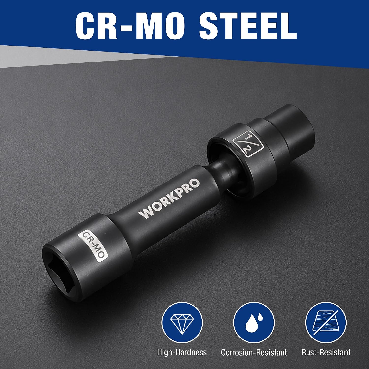 CR-MO steel swivel driveline socket in black with 12-point engagement