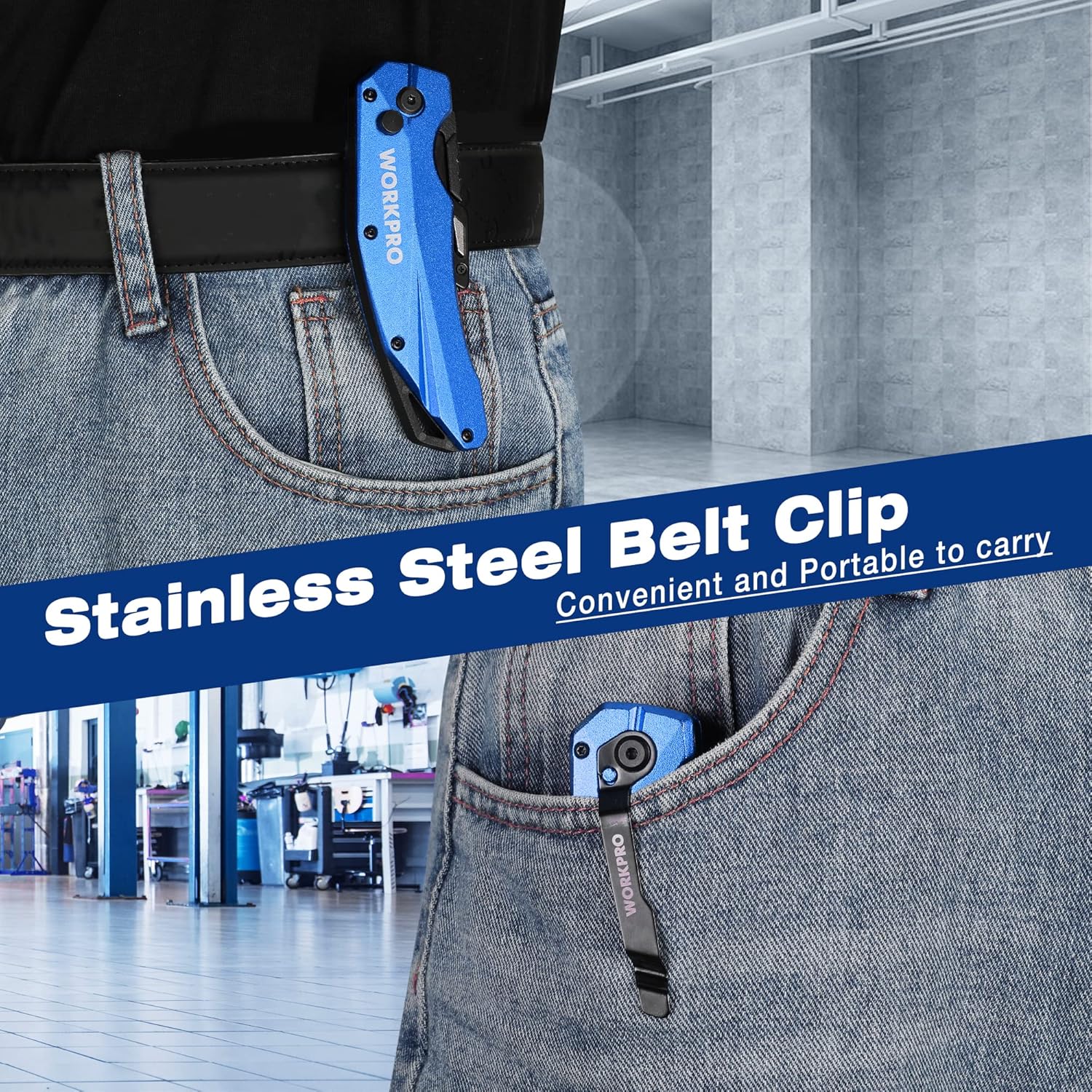 Blue folding utility knife clipped to jeans pocket with metal belt clip