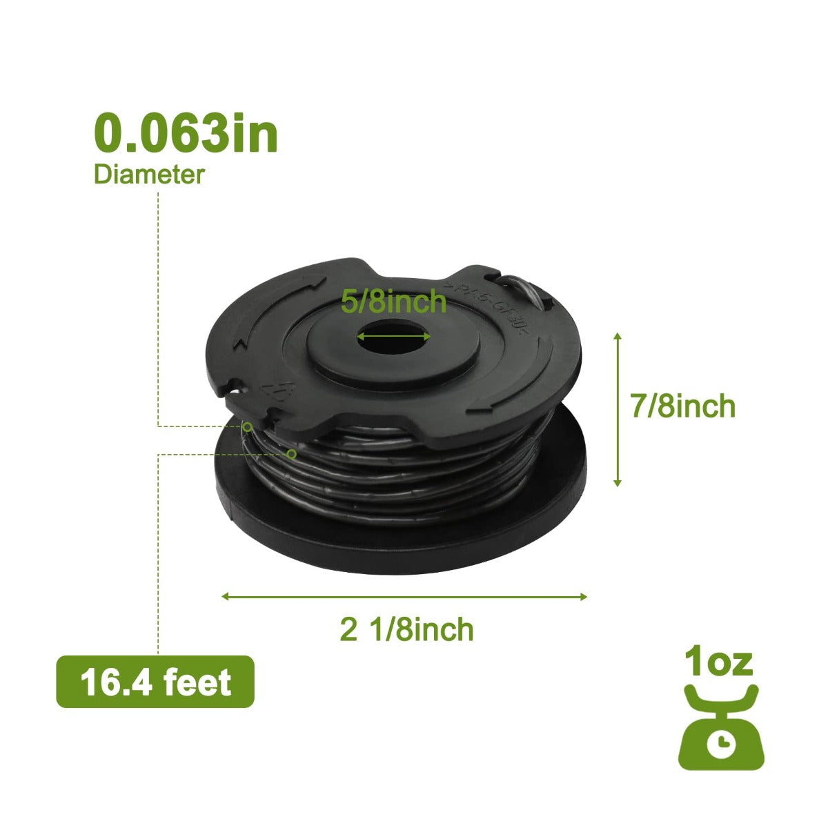 Black trimmer line spool with labeled dimensions: 0.063 in diameter