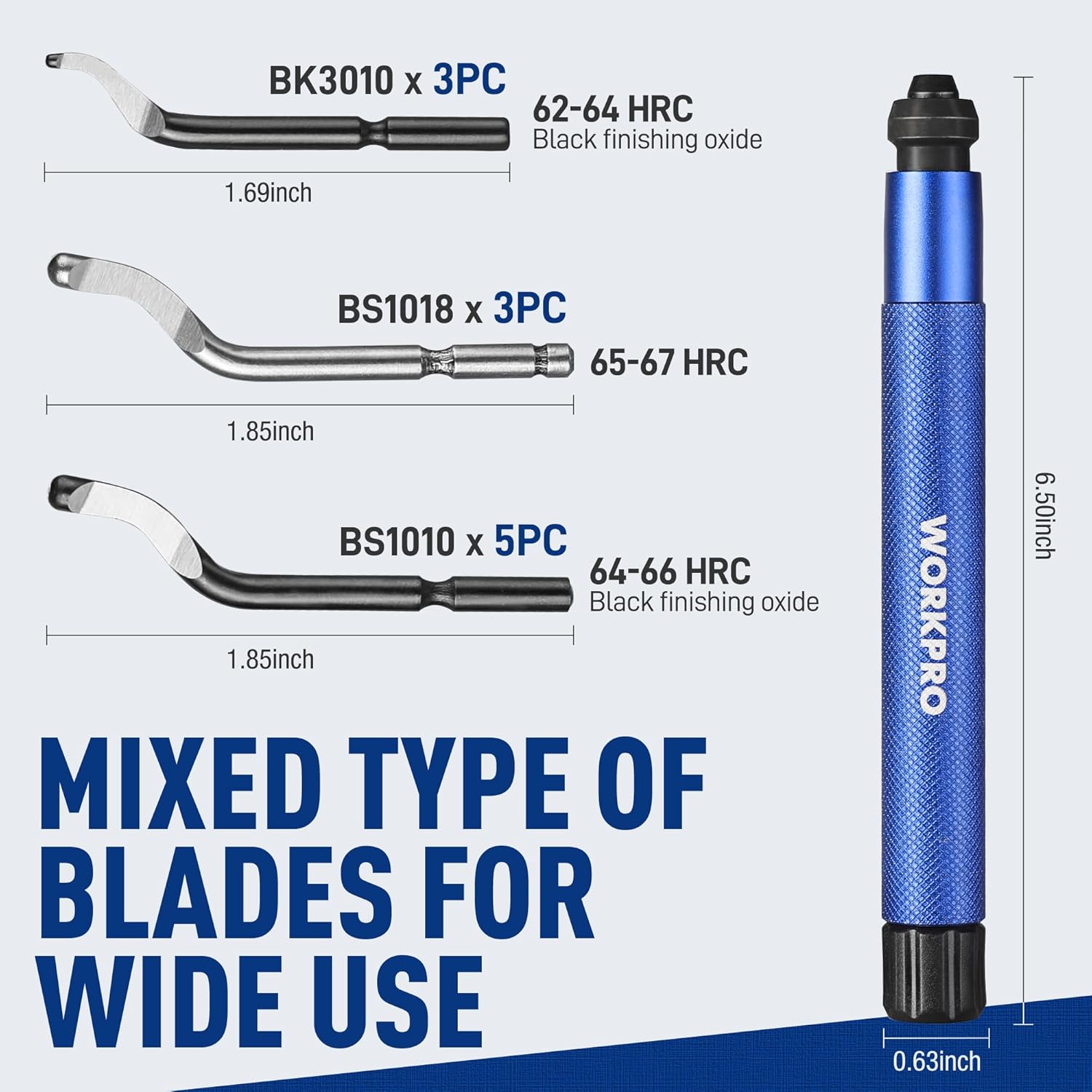 Blue deburring tool with mixed blade set and blade size labels