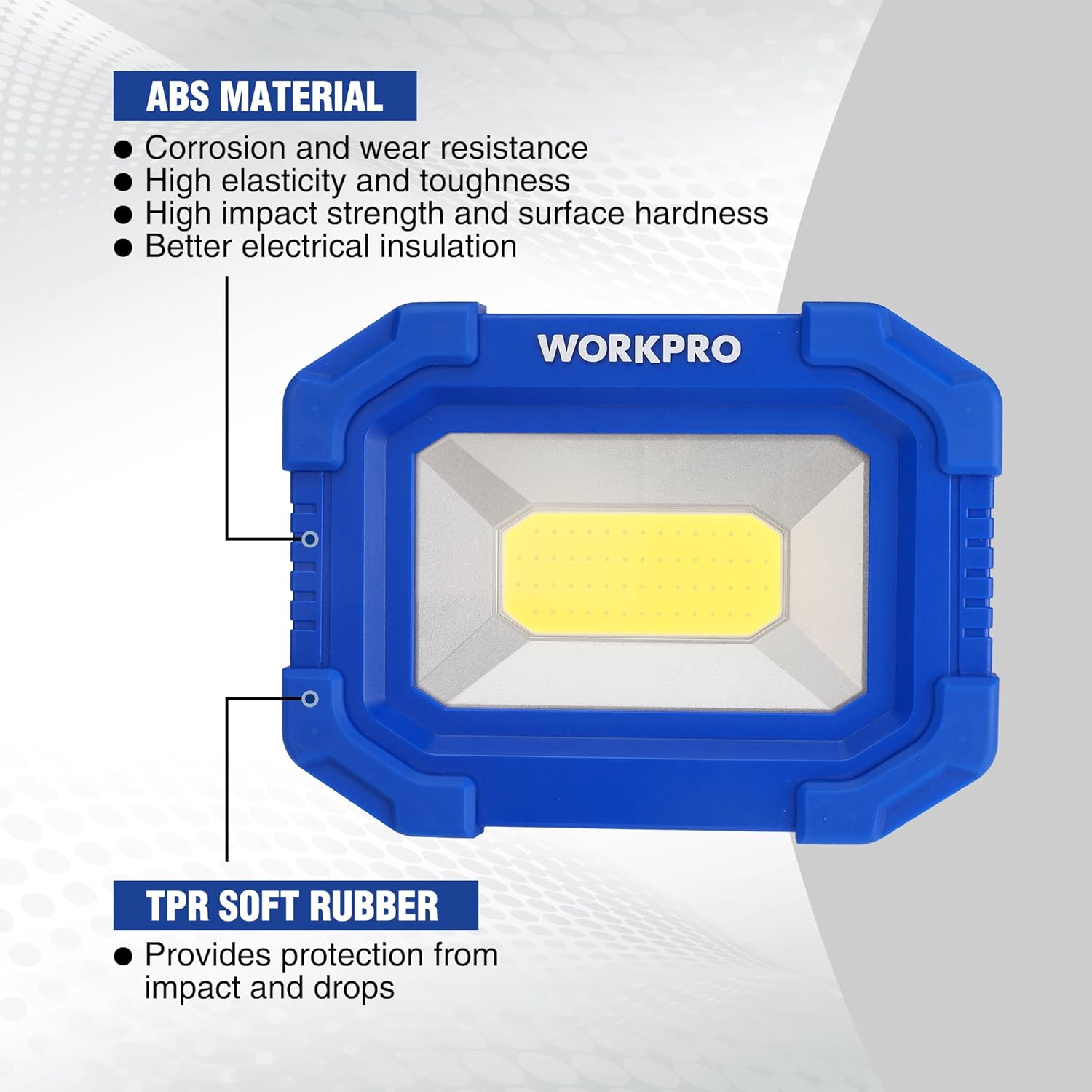 Blue LED work light with ABS housing and soft rubber trim around the COB panel.