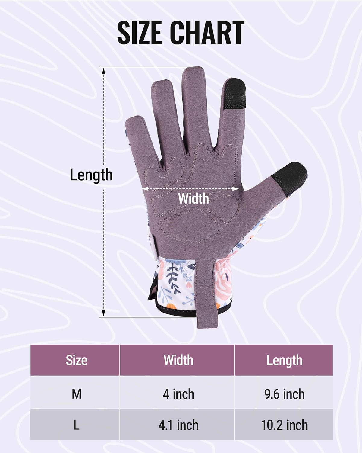 Gardening glove size chart showing width and length for sizes M and L