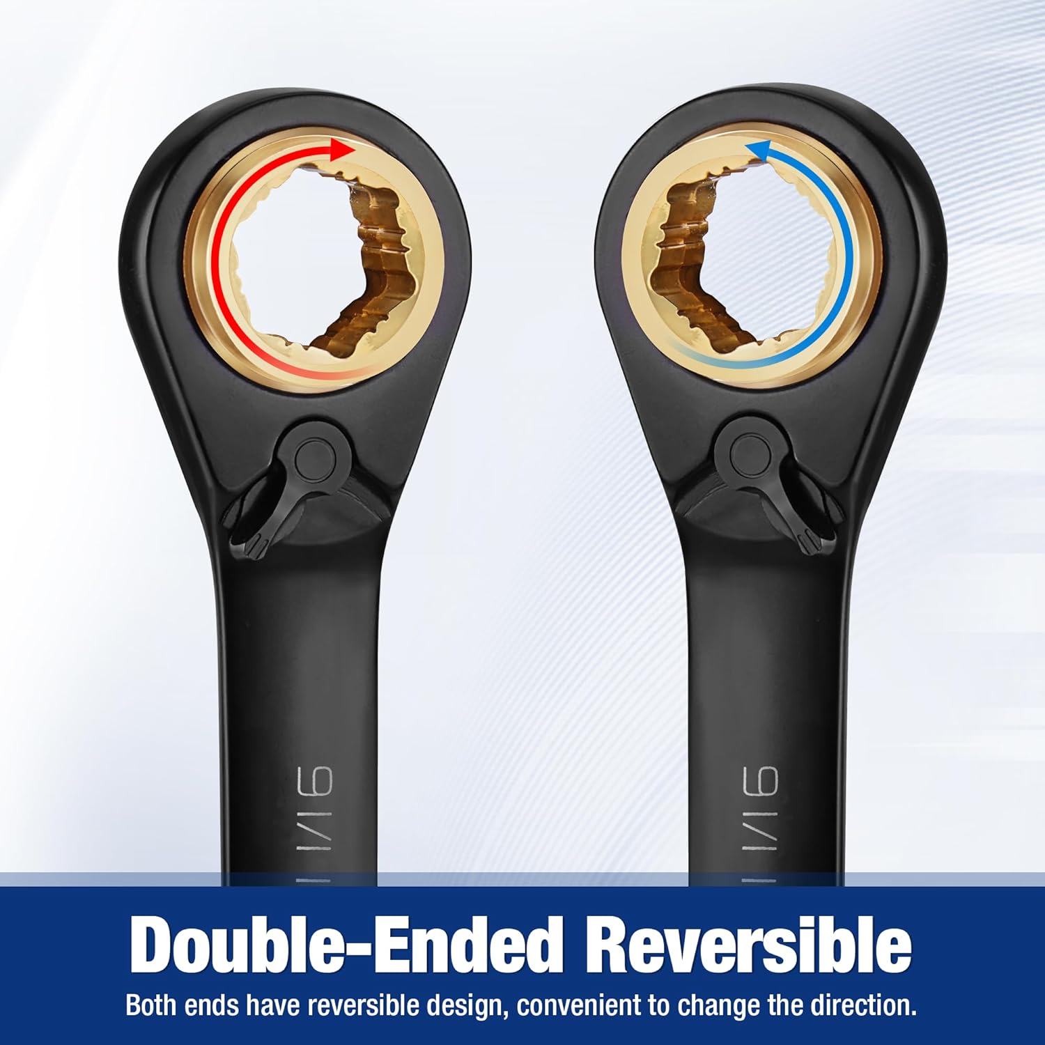 Double-ended reversible ratcheting wrenches, black handles with gold 6-point box ends